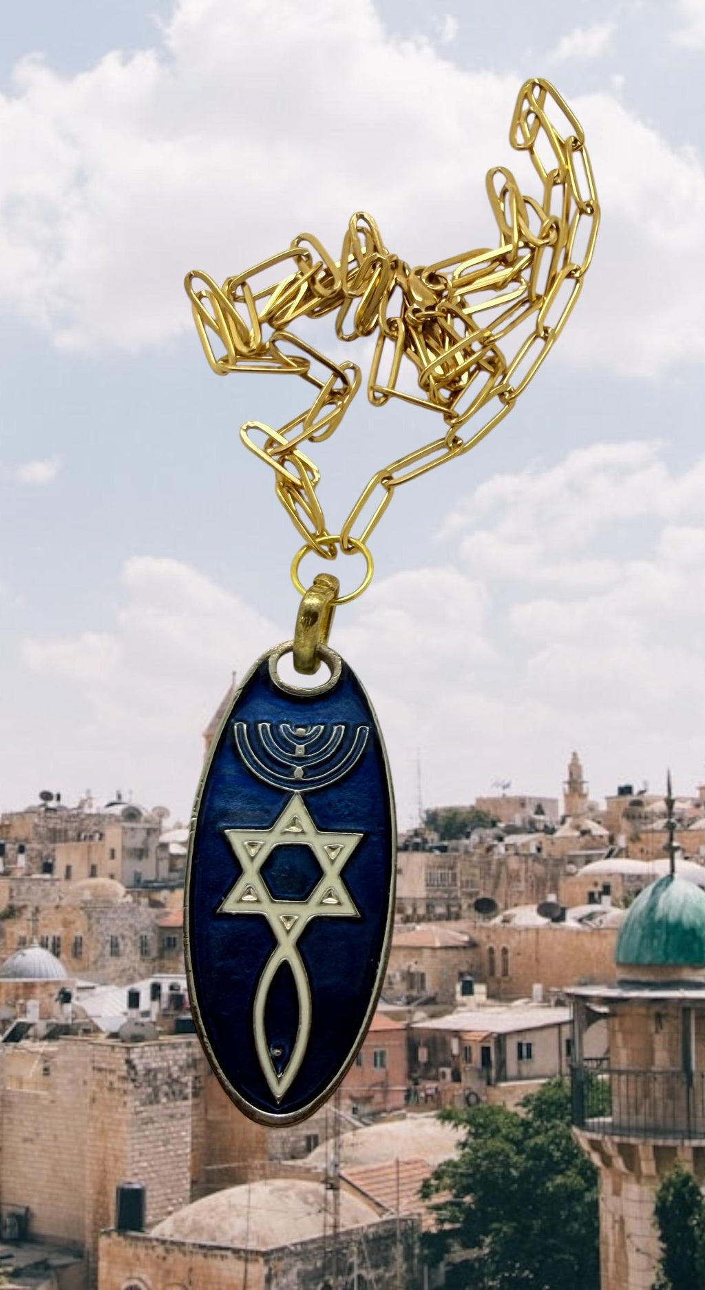 Grafted in messianic pendant Star of David menorah and fish 20” Paperclip necklace gift boxed