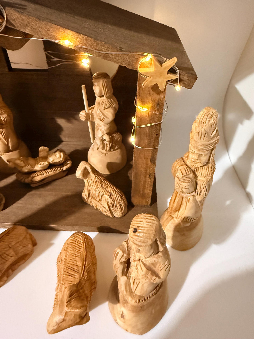 Bethlehem olive wood detail carving style nativity set with wood Stable Manger LED lights