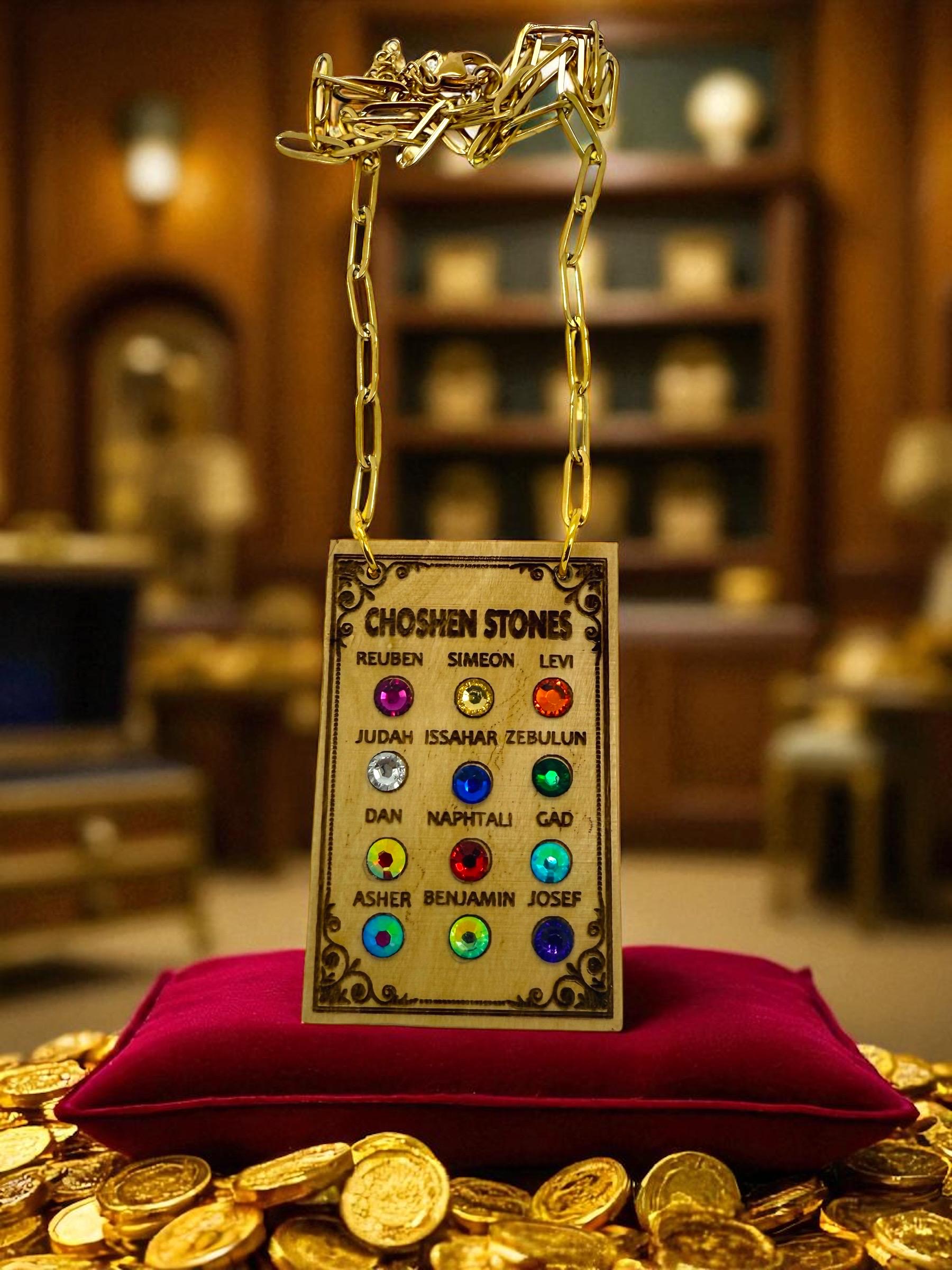 Ephod Choshen Hoshen Breastplate 12 Tribes Israel Pendant engraved olive wood from Israel in English with Rhinestones 18” Necklace.