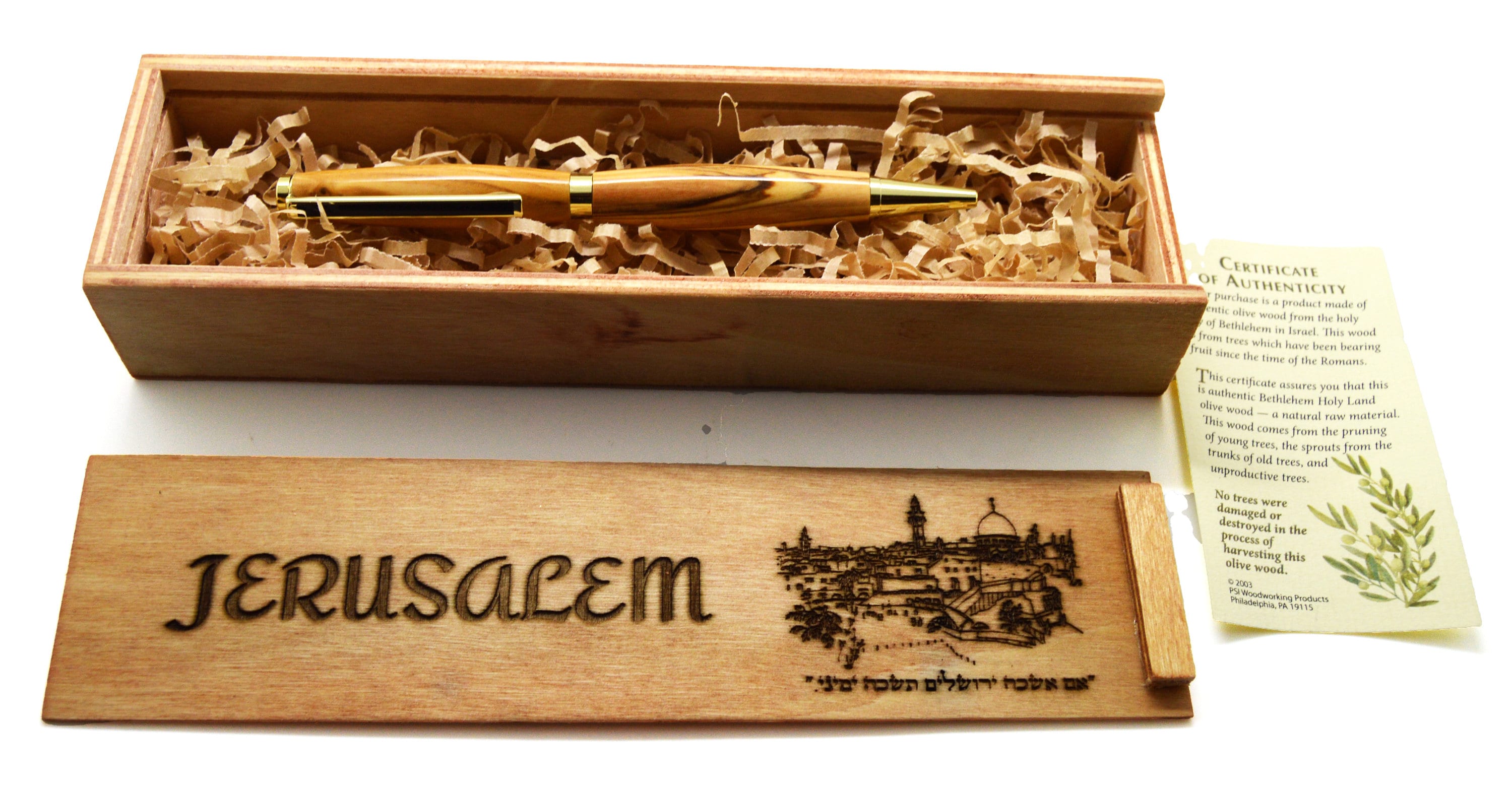 Olive wood from Israel hand turned pen with wooden gift box engraved with the city of Jerusalem verse If I forget you Jerusalem in Hebrew