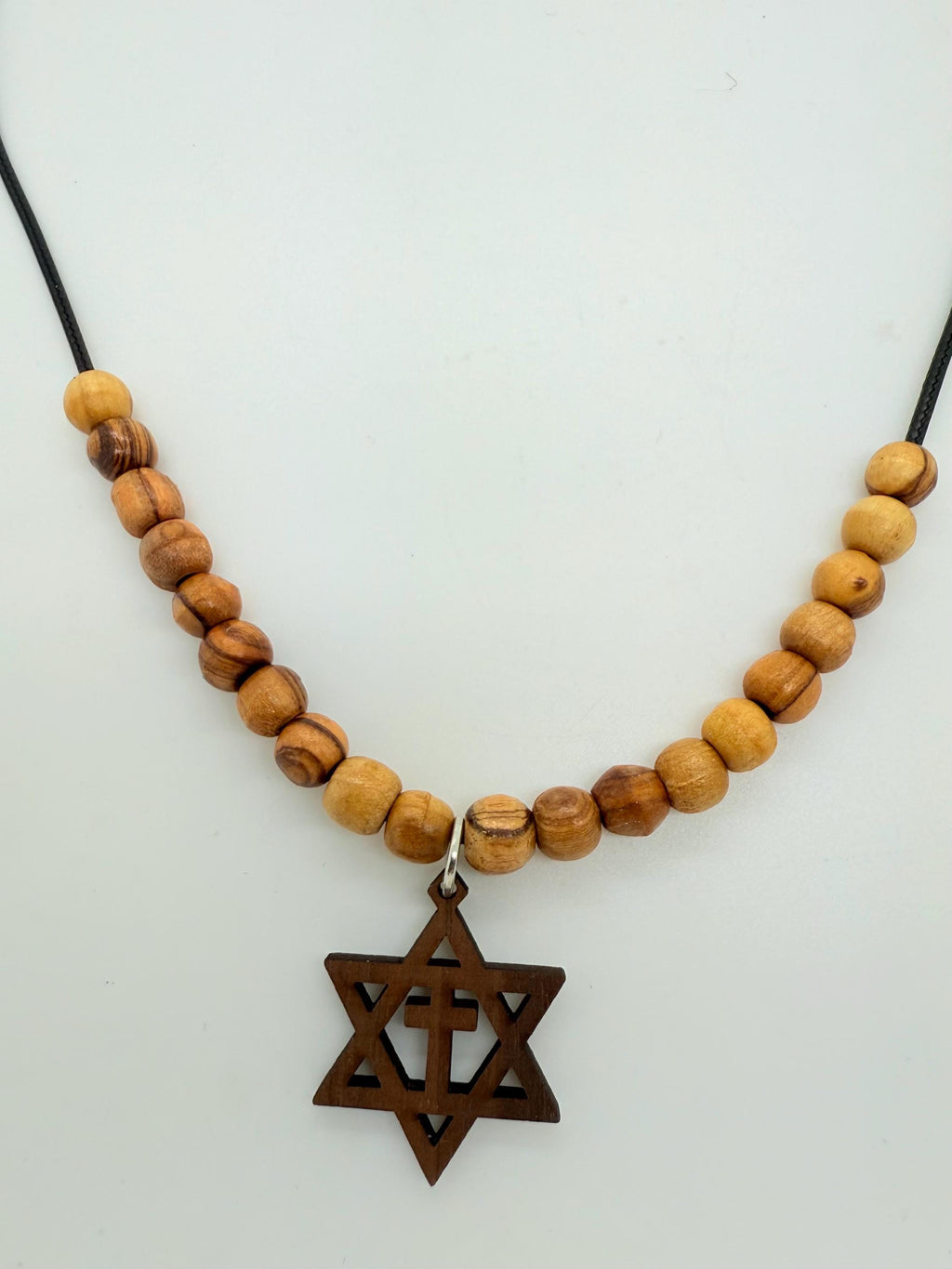 Star of David with the cross walnut wooden pendant handmade necklace with olive wood beads 20" gift boxed