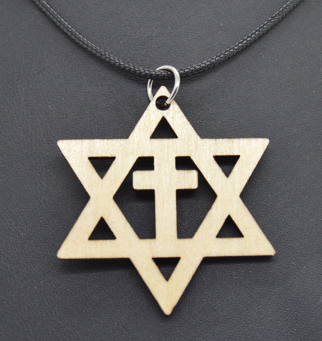 Star of David with the cross wooden Messianic Jewish pendant pendant Basswood or Walnut 18" necklace
