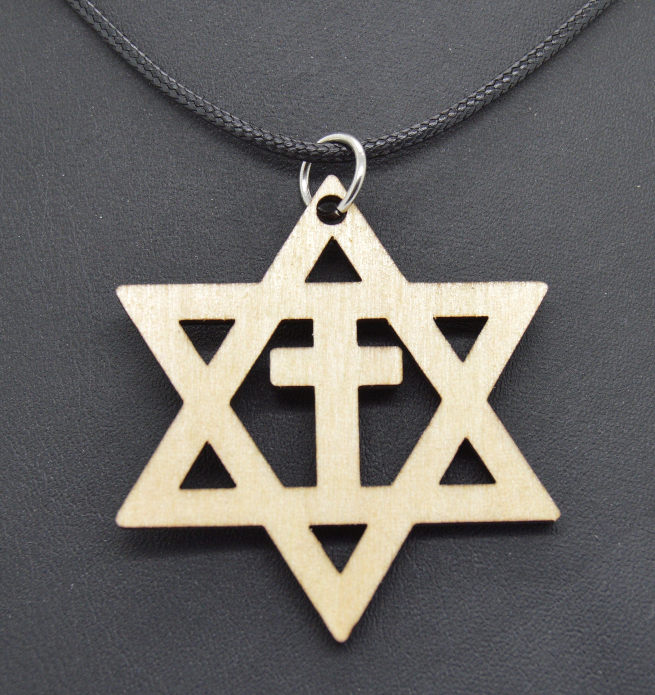 Star of David with the cross wooden Messianic Jewish pendant pendant Basswood or Walnut 18" necklace