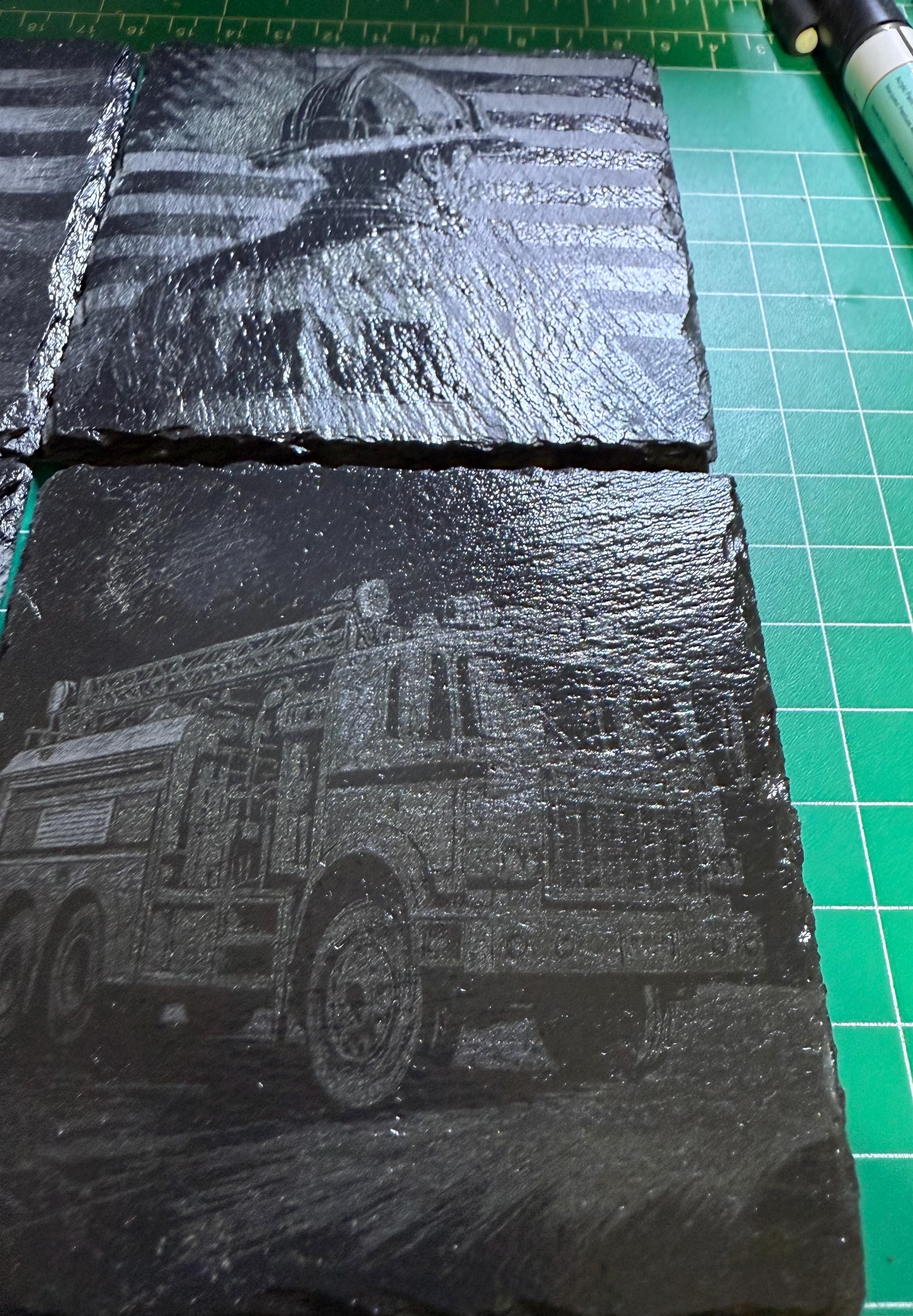 Natural Slate Stone Handmade Coaster Set with fireman designs