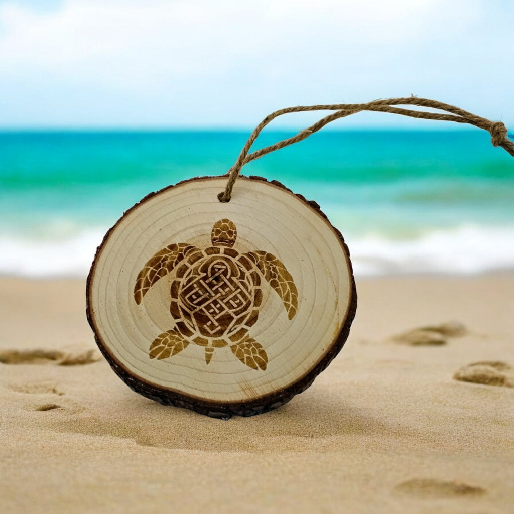 Turtle handmade engraved on natural pine wood slice with the bark great decoration for the Christmas tree comes ready to hung gift box