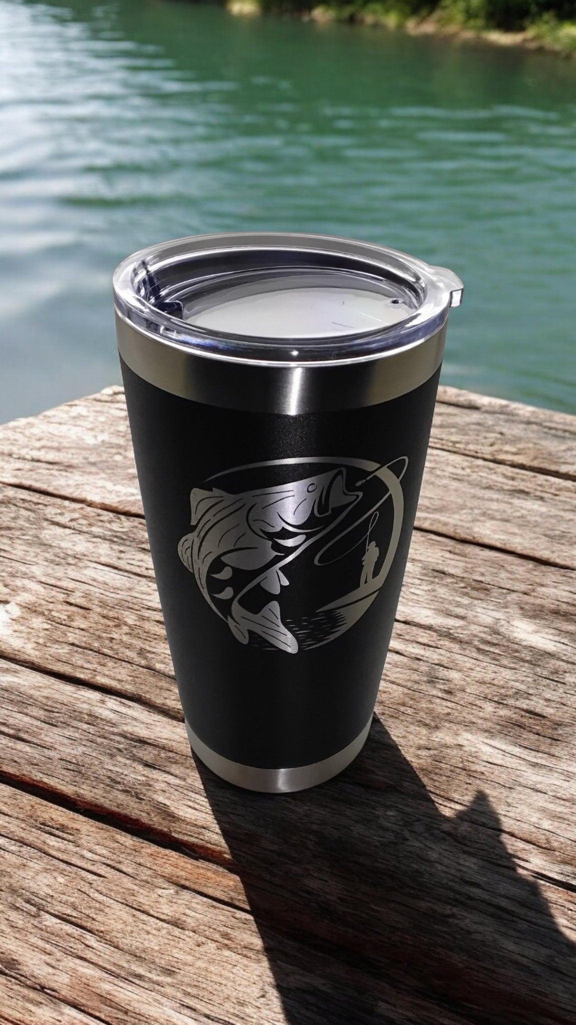 20oz Stainless Steel Tumbler with Lid engraved with Fishing travel mug gift