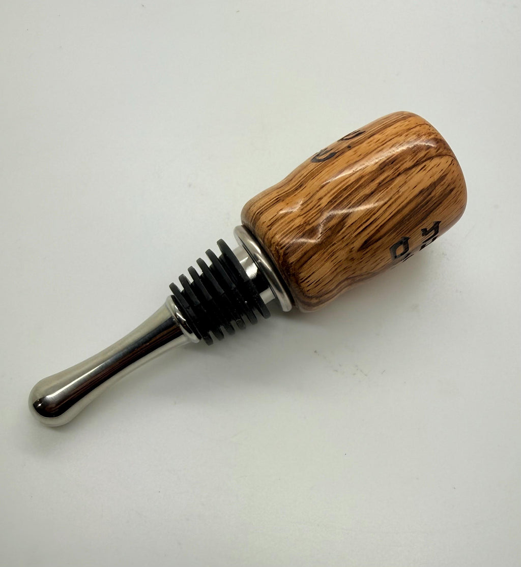 Shabbat shalom wine bottle stopper hand turn zebra wood with stainless steel engraved in Hebrew comes gift boxed