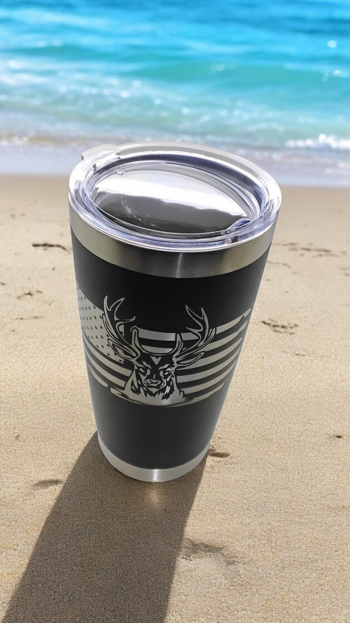 20oz Stainless Steel Tumbler with Lid engraved US Flag Deer Hunting travel mug