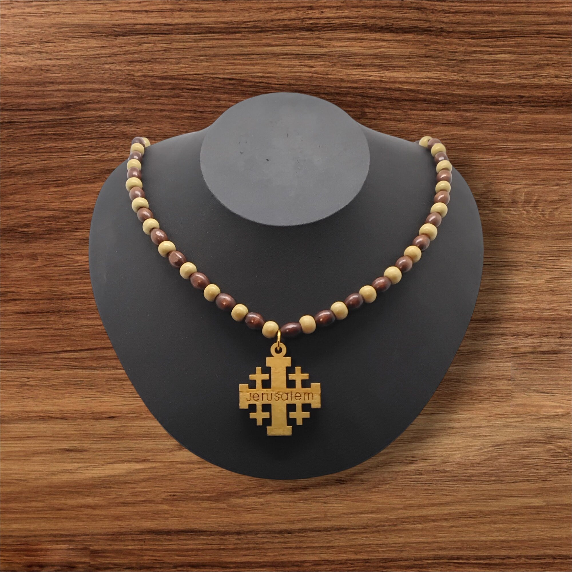 Jerusalem Cross necklace Handmade from olive wood pendant and wooden beads necklace gift boxed