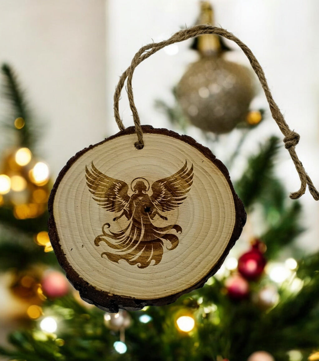 Angel handmade engraved on natural pine wood slice with the bark great decoration for the Christmas tree comes ready to hung gift box
