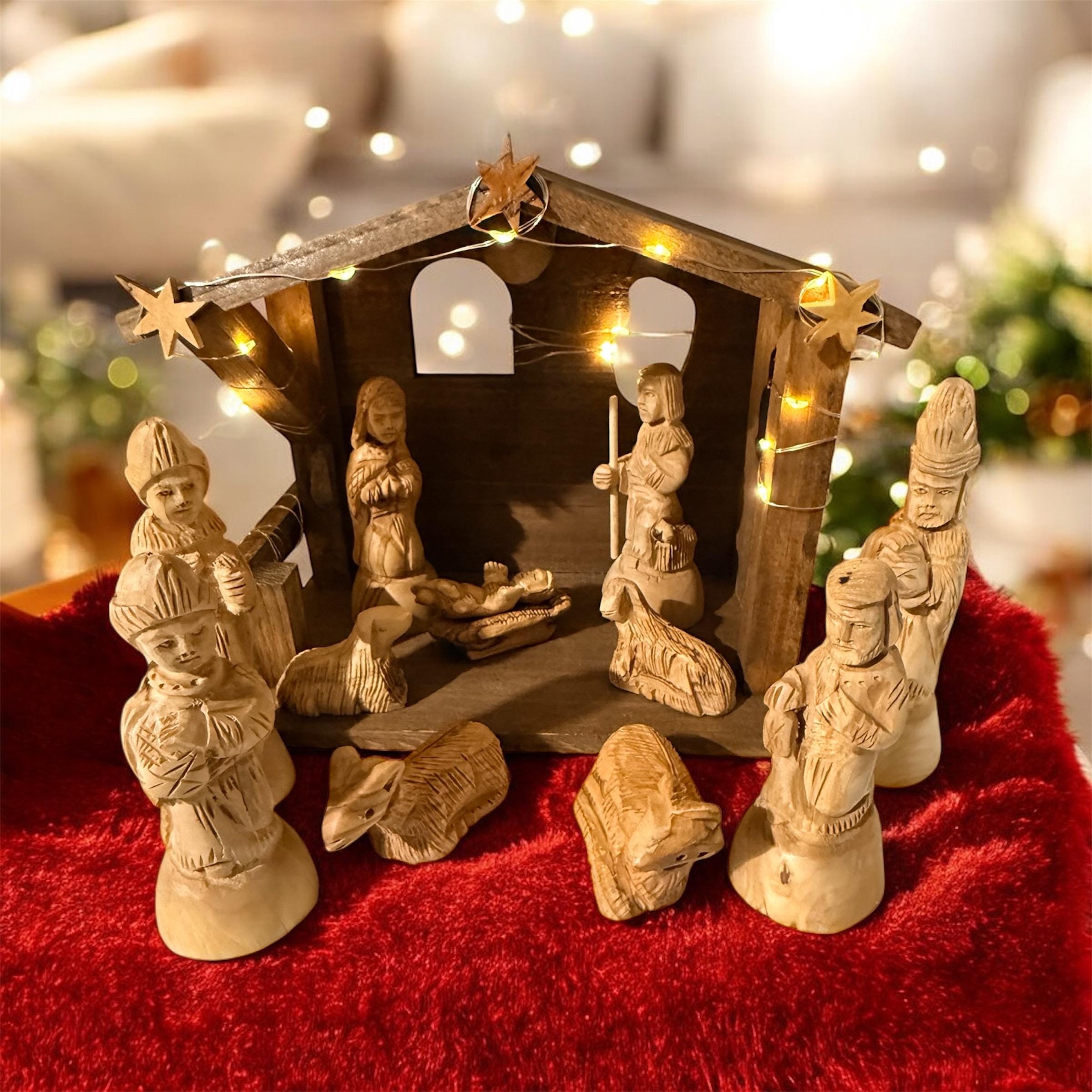 Bethlehem olive wood detail carving style nativity set with wood Stable Manger LED lights