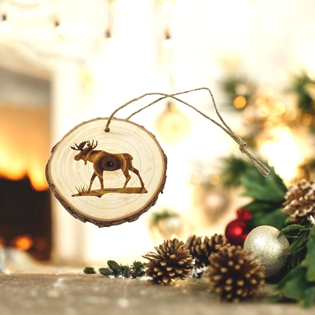 Moose handmade engraved on natural pine wood slice with the bark great decoration for the Christmas tree comes ready to hung gift box