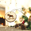 Moose handmade engraved on natural pine wood slice with the bark great decoration for the Christmas tree comes ready to hung gift box