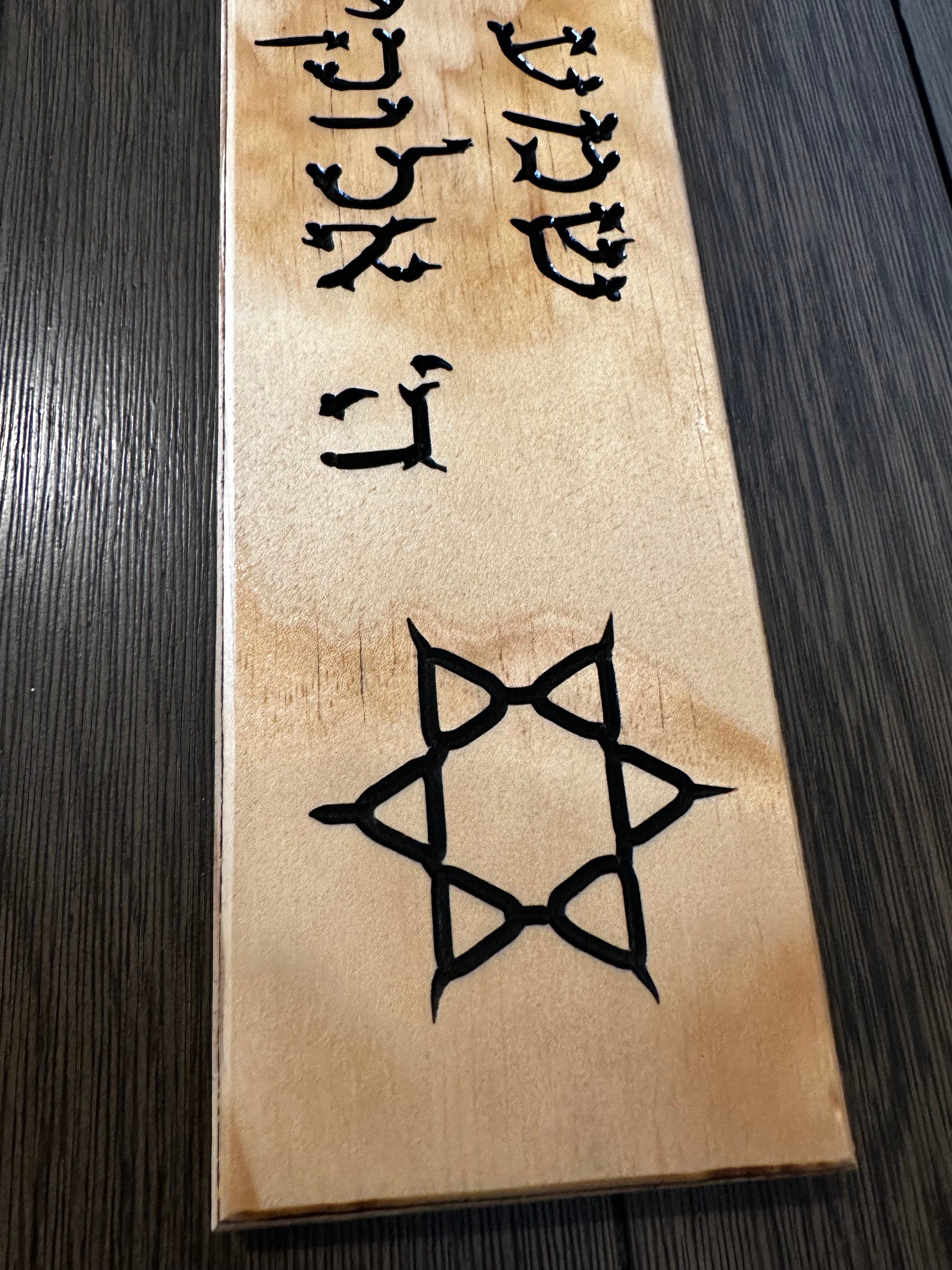 Shema Israel sign in Hebrew with the Star of David carved on wood. Hear O Israel in Hebrew scripture Deuteronomy 6:4