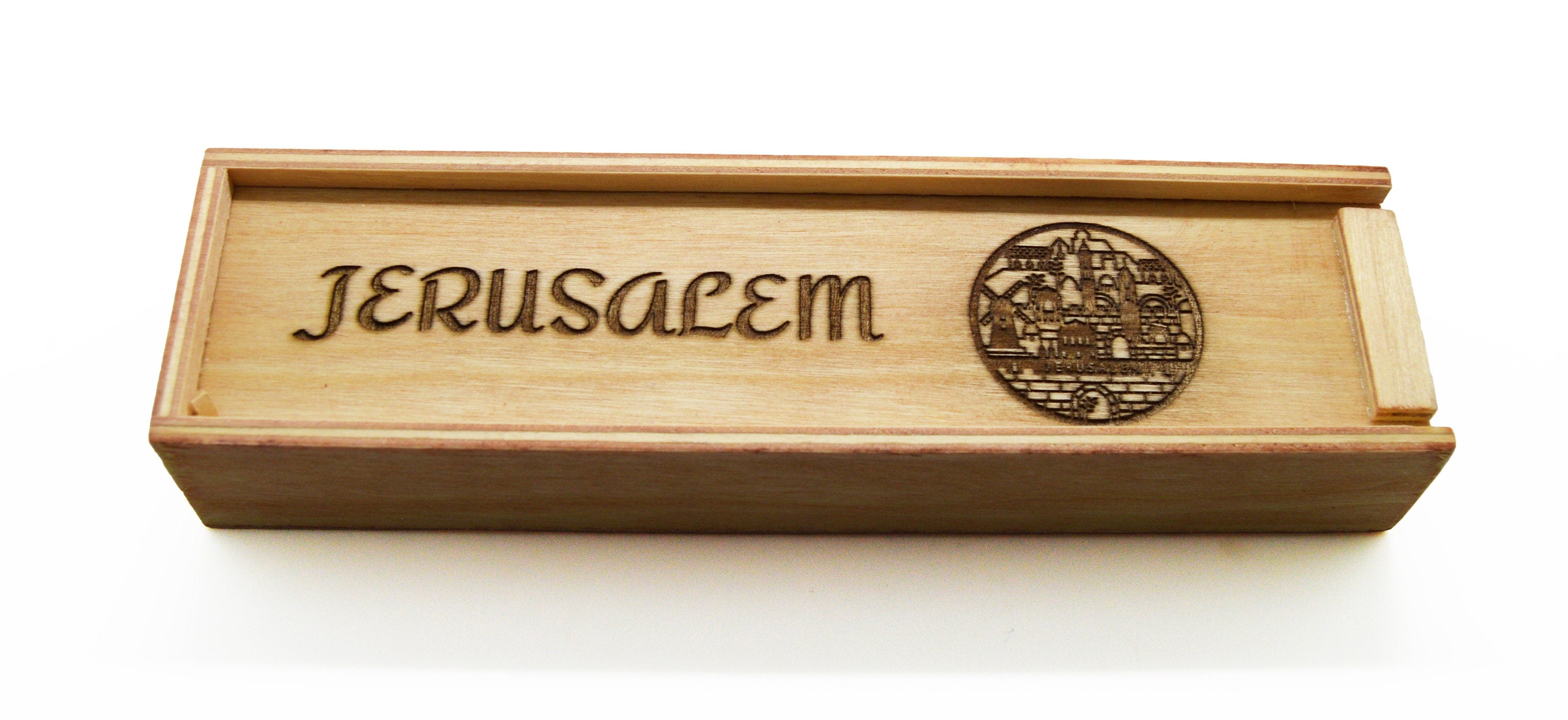 Olive wood from Israel hand turned pen with wooden gift box engraved with the city of Jerusalem
