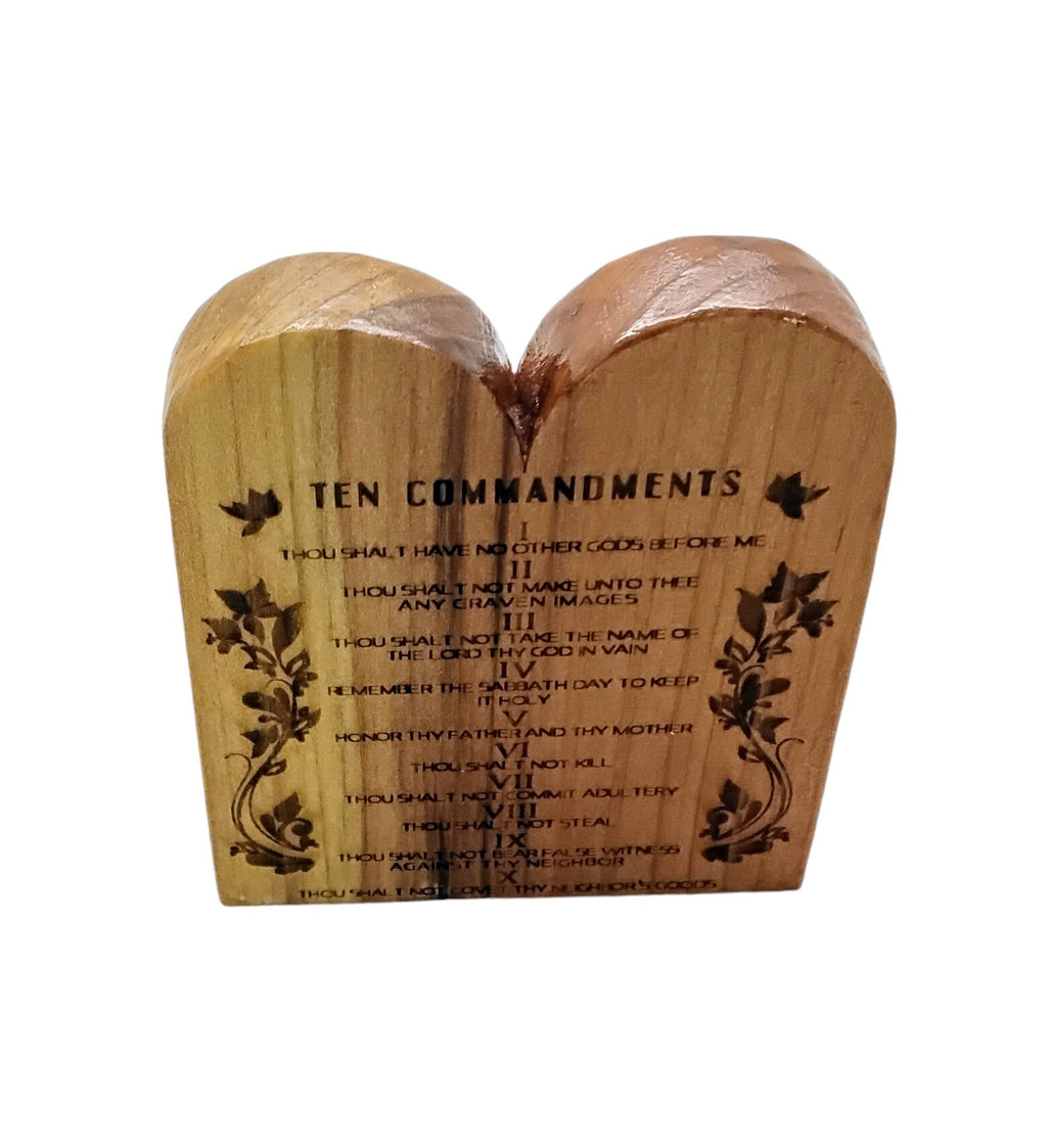 The Ten Commandments handmade engraved in English or Hebrew with the menorah on cedar wood table top desk or bookcase display.