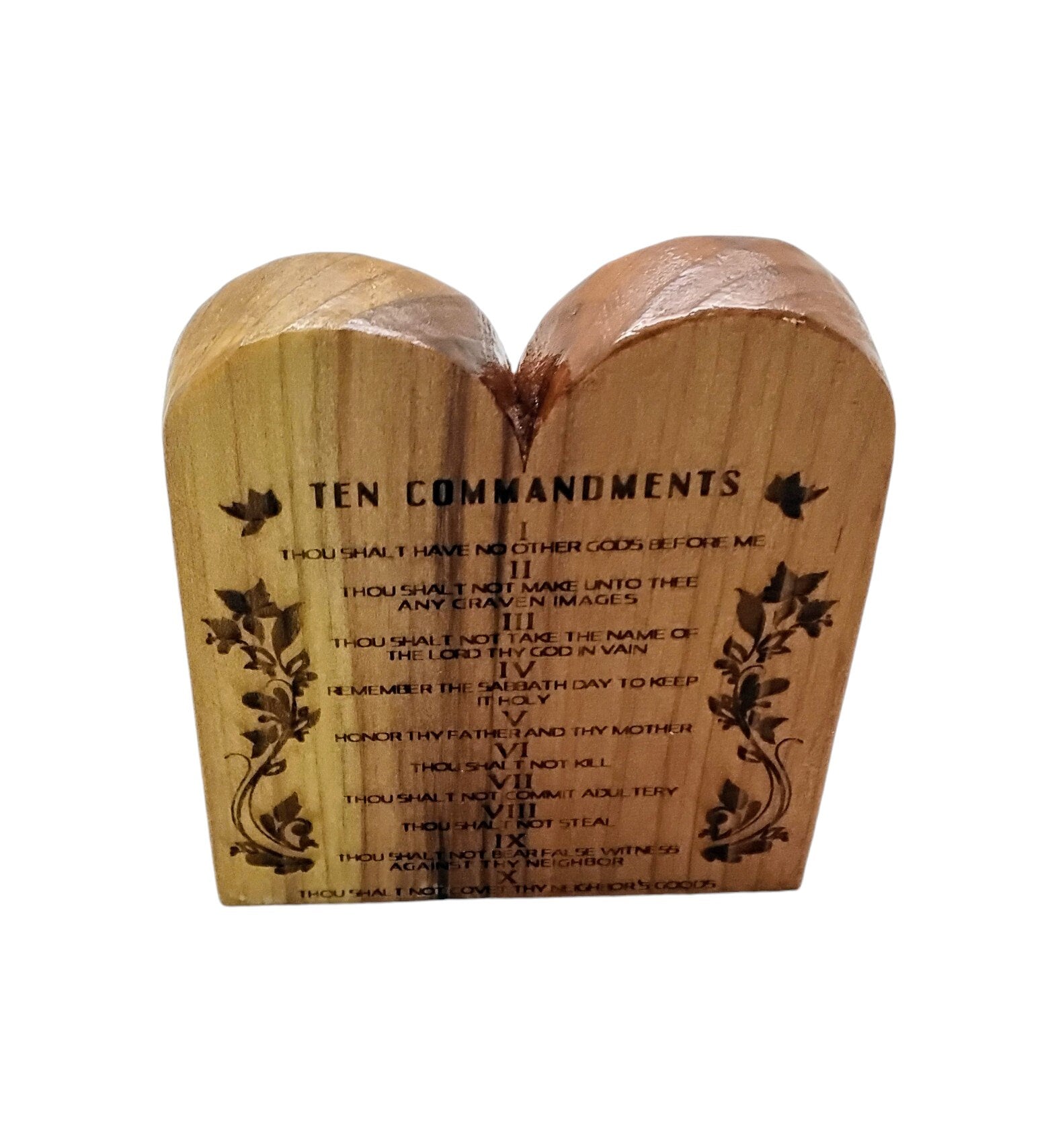 The Ten Commandments handmade engraved in English or Hebrew with the menorah on cedar wood table top desk or bookcase display.