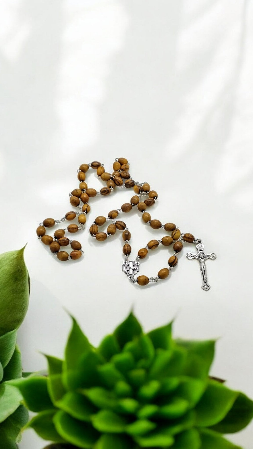 Bethlehem olive wood rosary beads necklace with the Jerusalem cross centrepiece and wooden pinewood handmade engraved