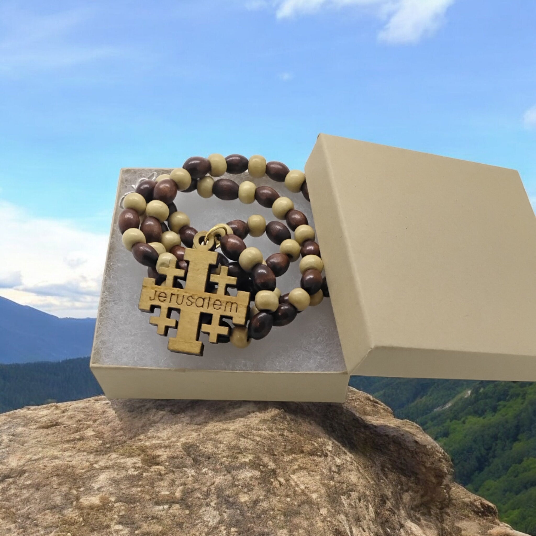 Jerusalem Cross necklace Handmade from olive wood pendant and wooden beads necklace gift boxed