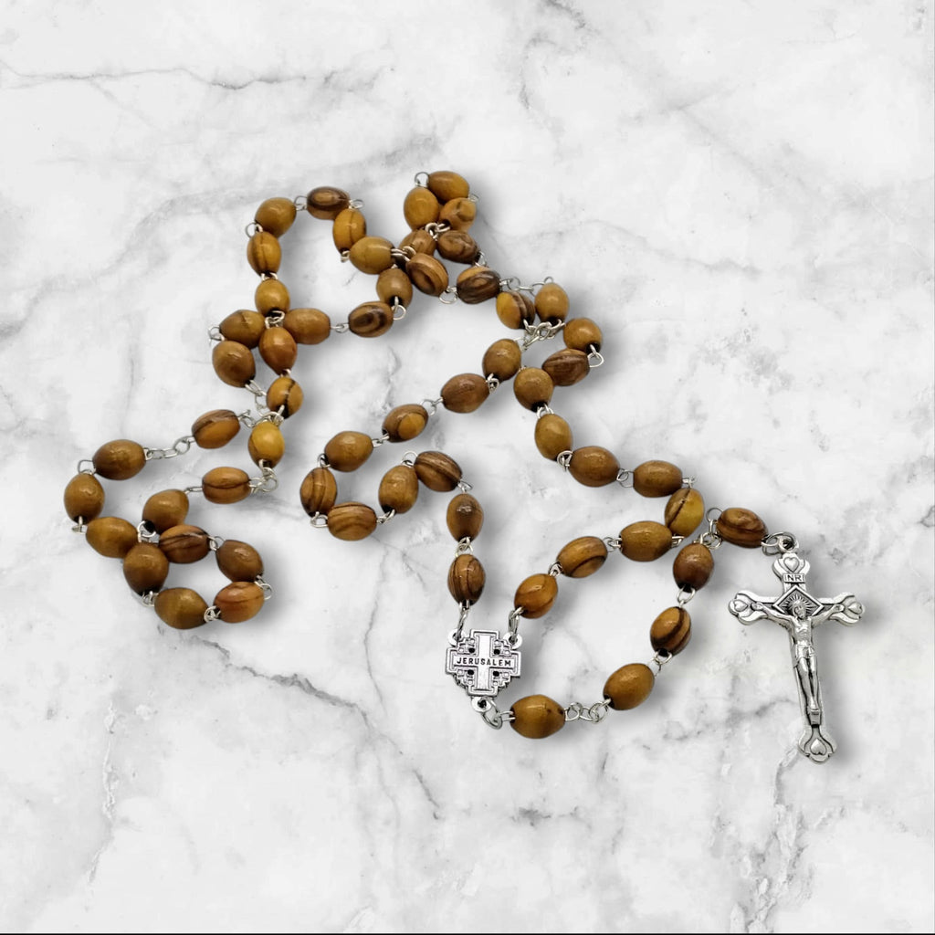 Bethlehem olive wood rosary beads necklace with the Jerusalem cross centrepiece and wooden pinewood handmade engraved