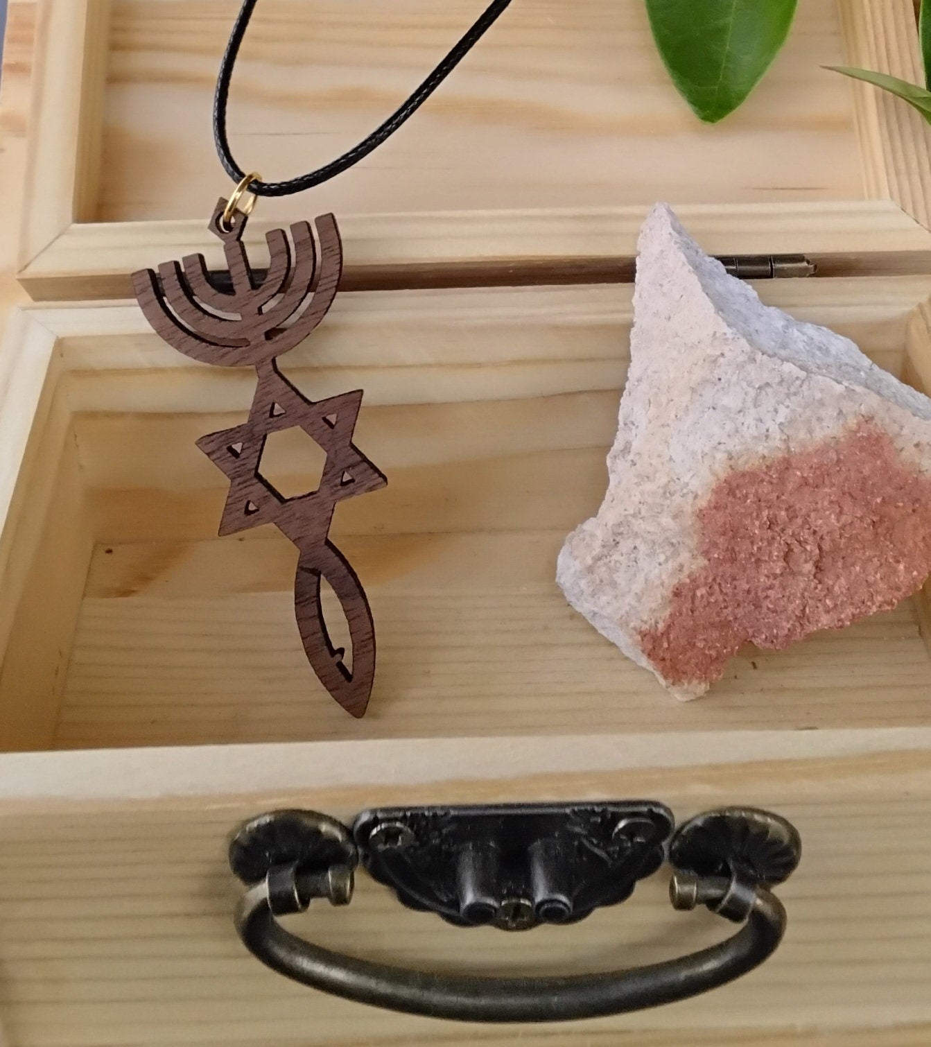 Star of David Menorah and fish grafted in messianic wooden walnut pendant with 20" necklace Jewish Christian jewelry