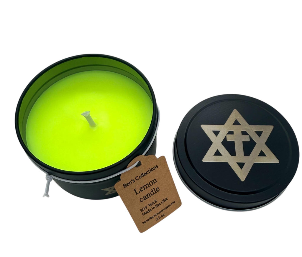 Handmade soy wax candle Star of David with the cross engraved tin metal jar available in 3.5 oz or 7 oz. Personalization Available