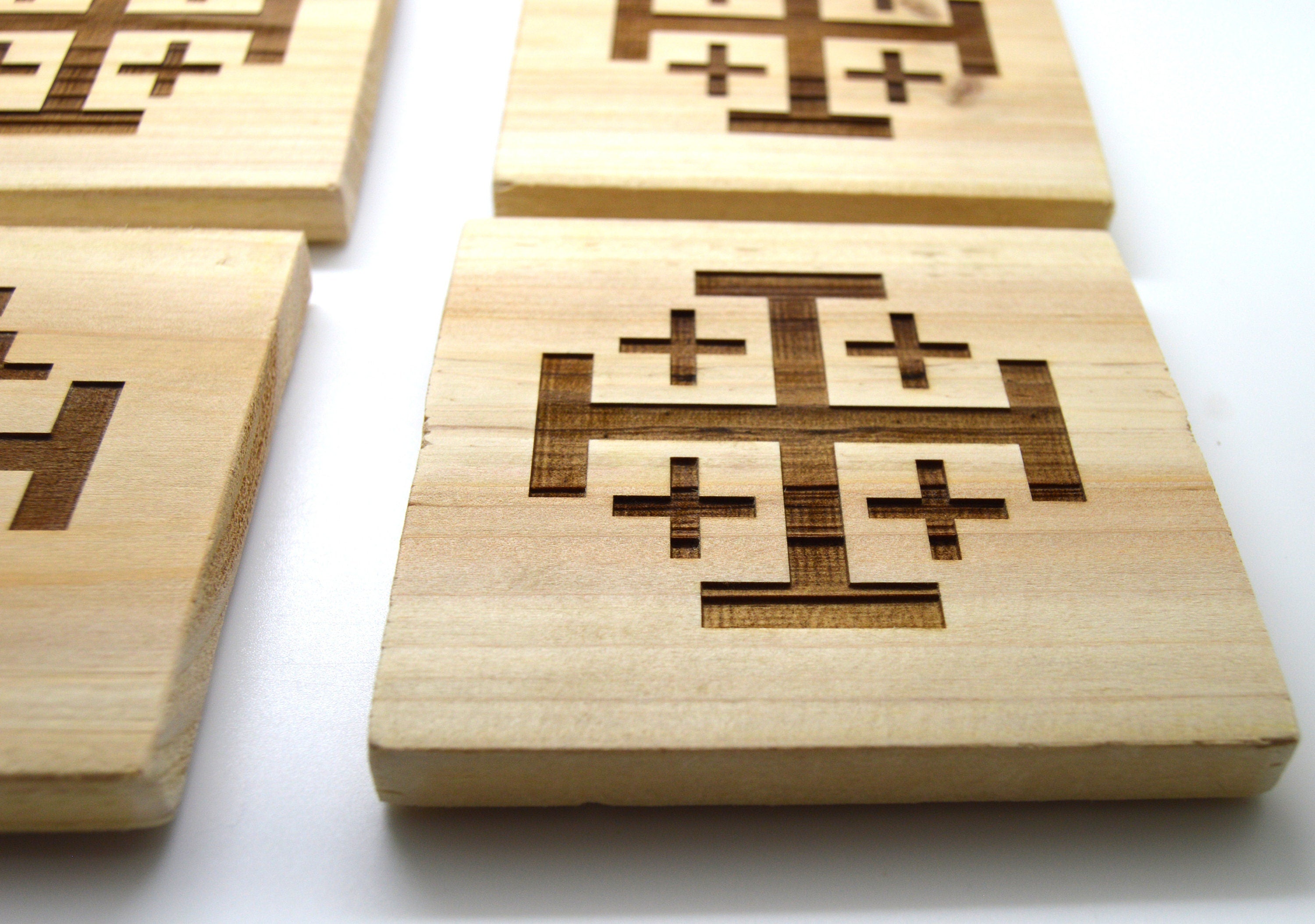 Jerusalem cross wooden coasters engraved on pine wood set of 4 coasters