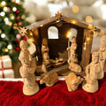 Bethlehem olive wood detail carving style nativity set with wood Stable Manger LED lights