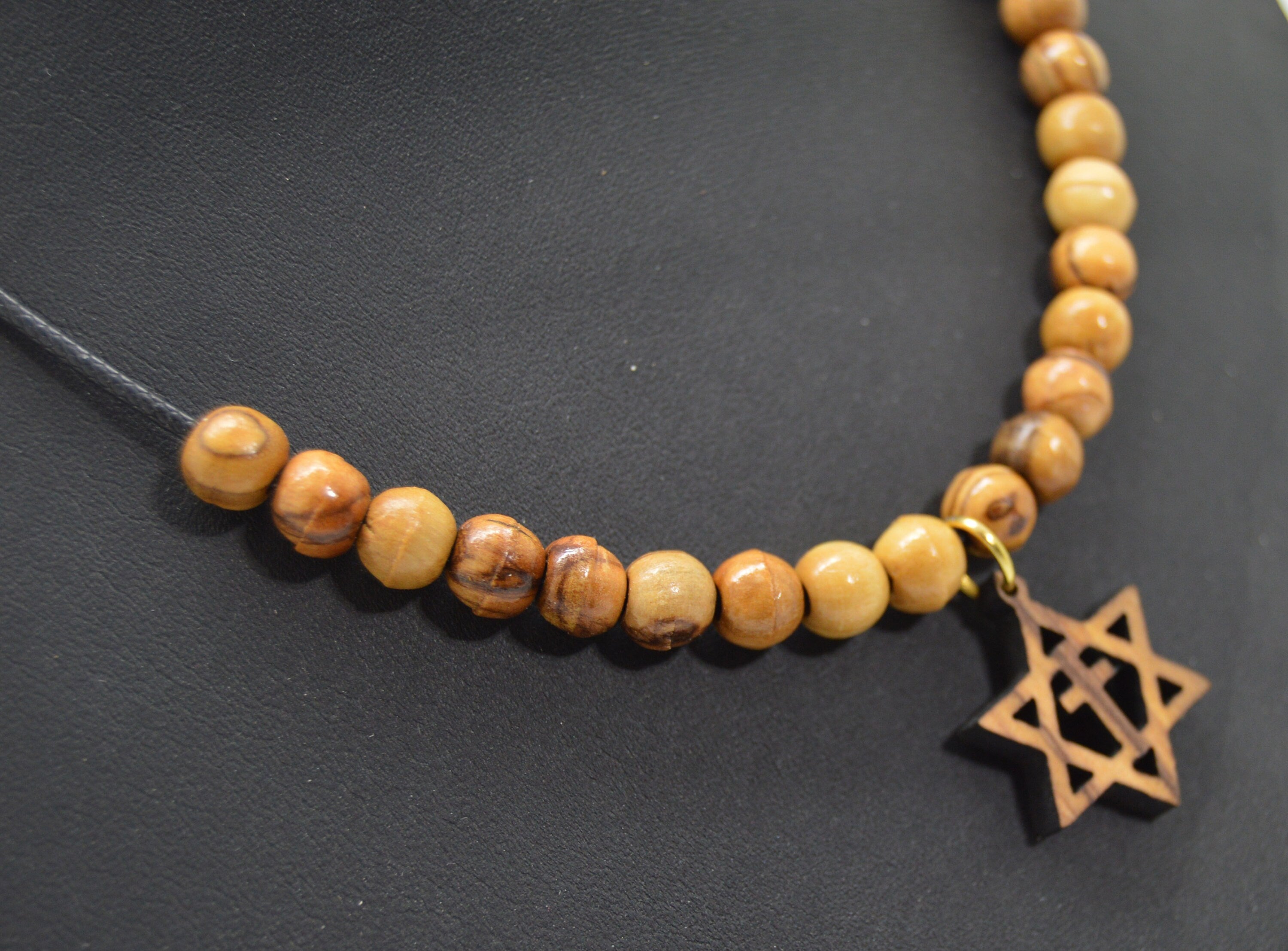 Star of David with the cross olive wood pendant handmade necklace with olive wood beads 18" gift boxed