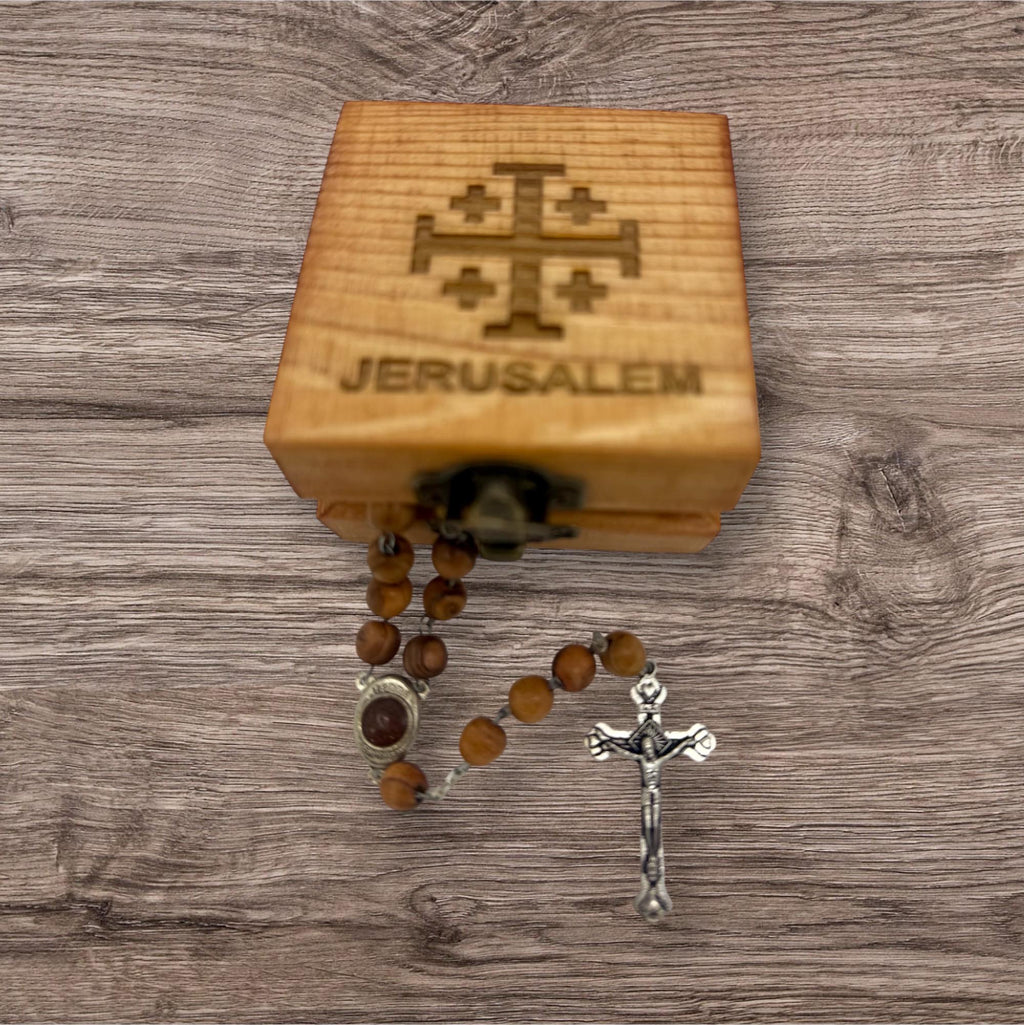Bethlehem olive wood rosary beads with the Madonna and child holy soil centrepiece and wooden box handmade engraved with Jerusalem cross