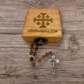 Bethlehem olive wood rosary beads with the Madonna and child holy soil centrepiece and wooden box handmade engraved with Jerusalem cross