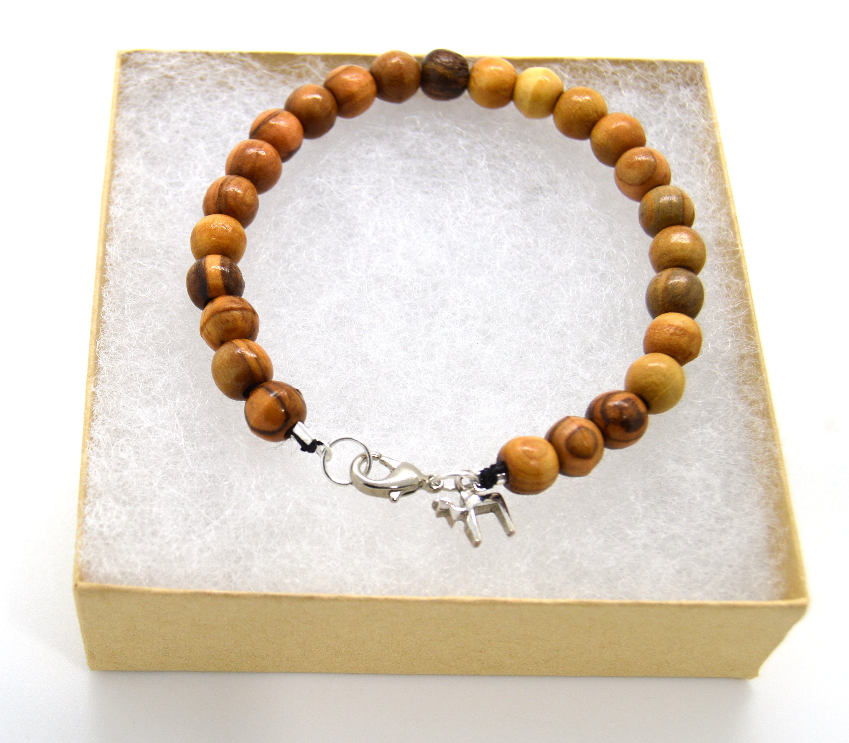 Olive wood bracelet handmade from 8 mm beads with Hebrew Chai, Jerusalem cross, Star of David or Heart charm gift boxed