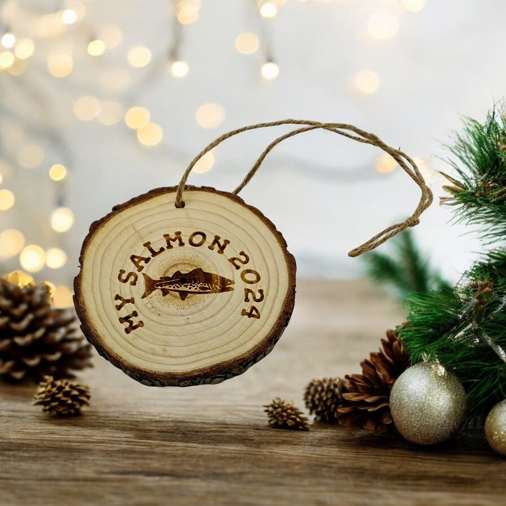 Salmon handmade engraved on natural pine wood slice with the bark great decoration for the Christmas tree comes ready to hung gift box