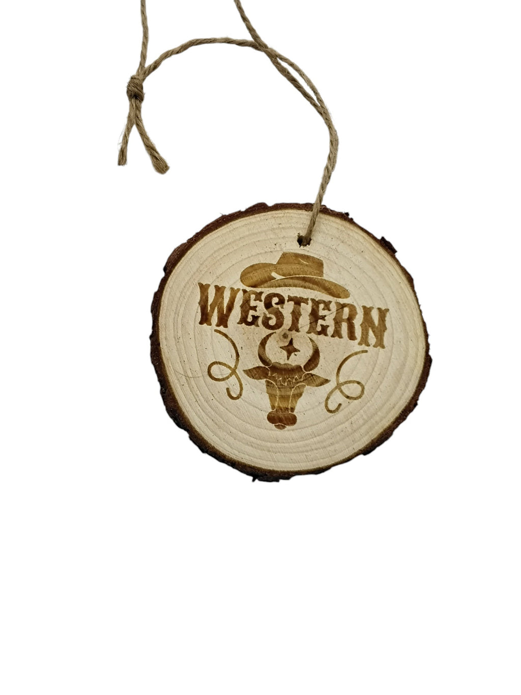 Western handmade engraved on natural pine wood slice with the bark great decoration for the Christmas tree comes ready to hung gift box