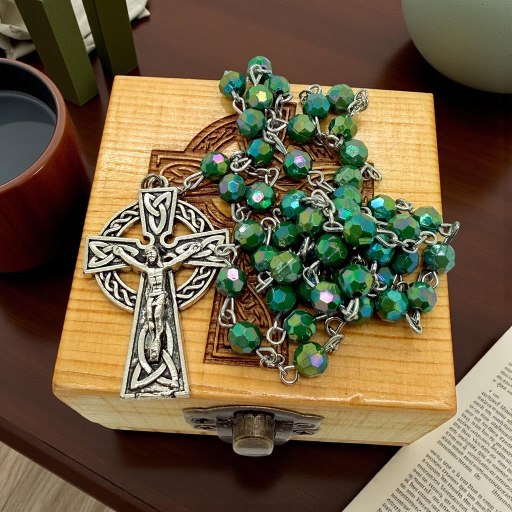 Catholic green acrylic Celtic rosary beads wooden pinewood handmade engraved cross