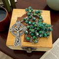 Catholic green acrylic Celtic rosary beads wooden pinewood handmade engraved cross