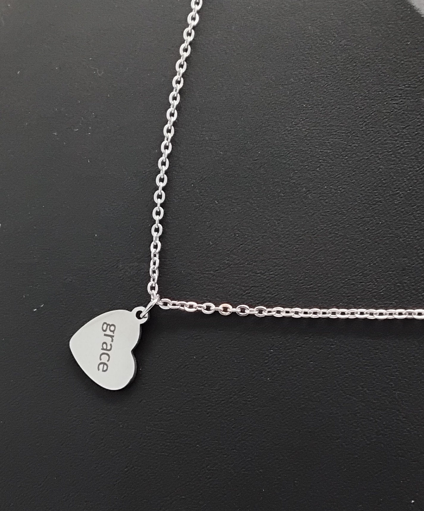 Grace engraved Stainless steel heart pendant in Hebrew and English with 18" necklace
