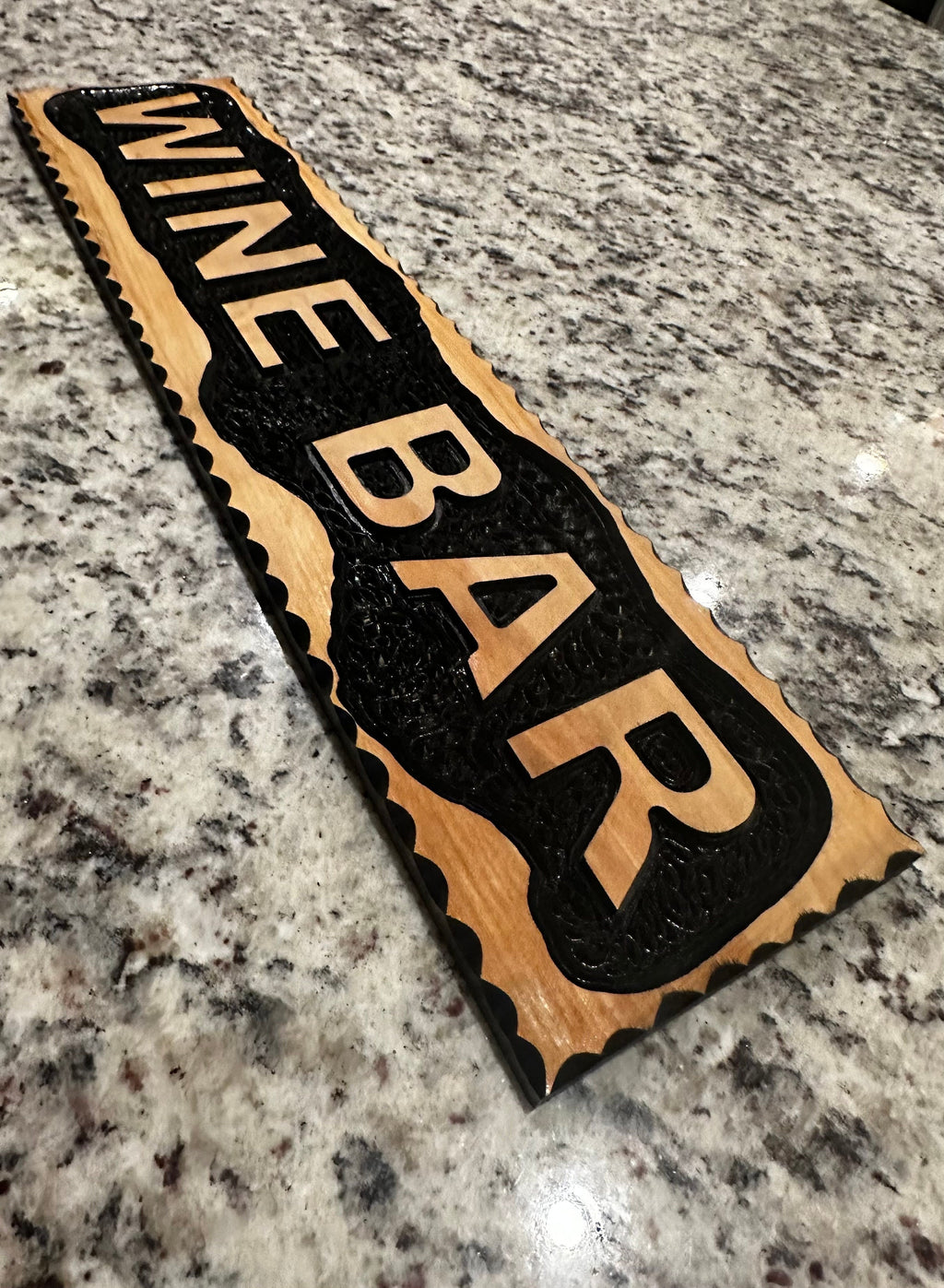 Wine Bar hand carved  cedar wood Sign stained size 22" x 6"