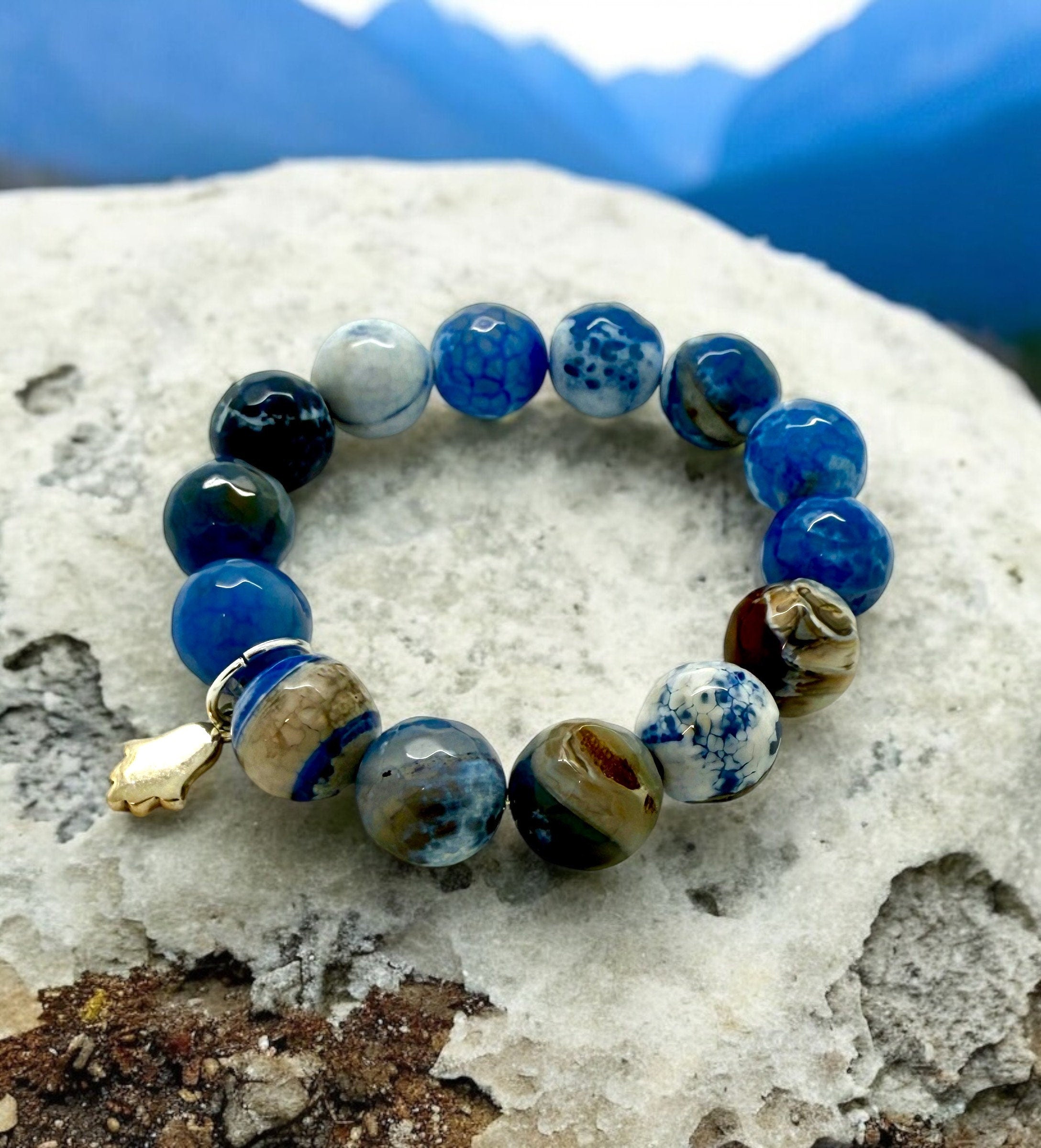 Blue and White natural Agate stones beads with the Sterling silver Jewish Star of David, Chai and Hamsa Hand charm