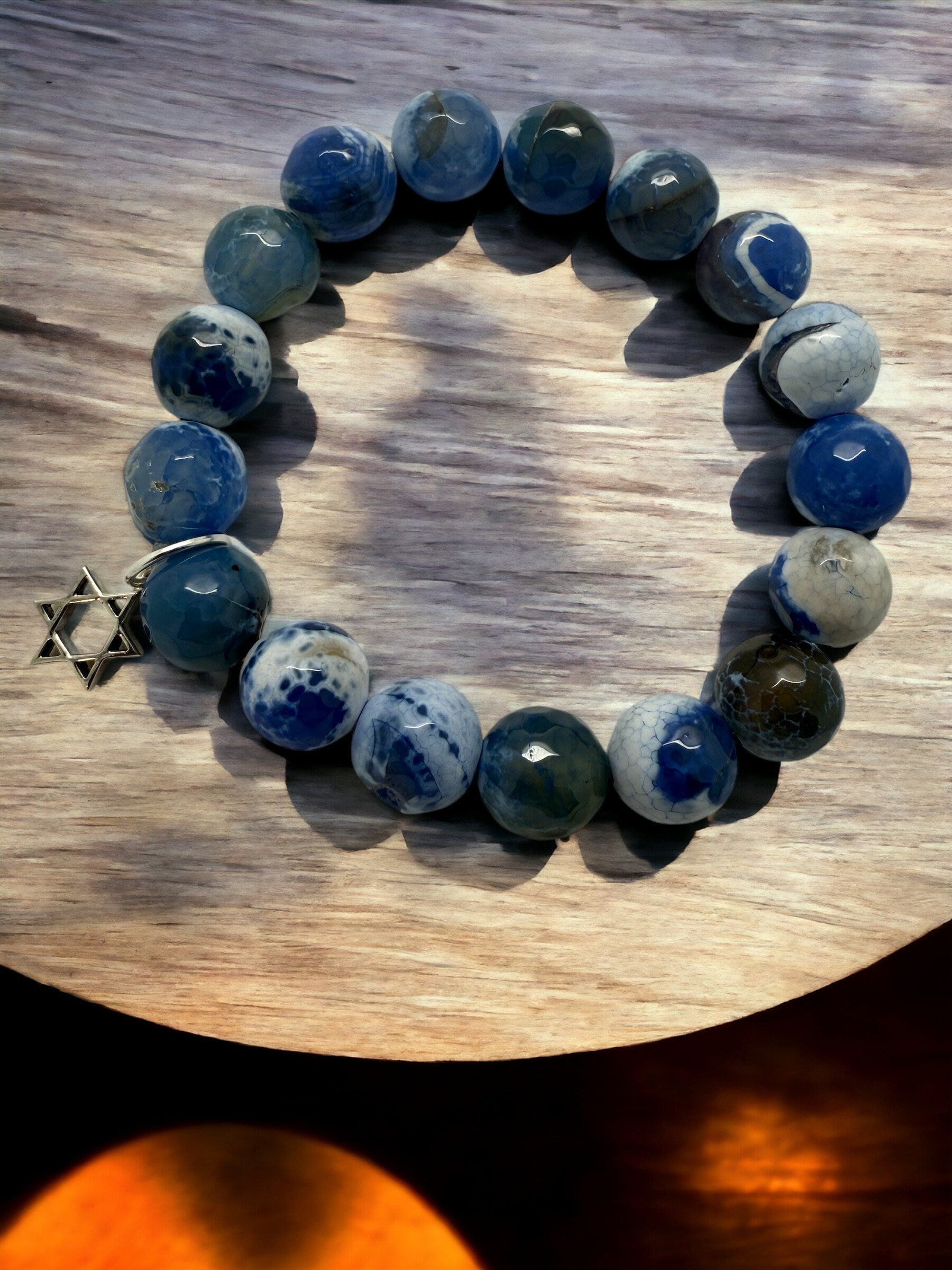 Blue and White natural Agate stones beads with the Sterling silver Jewish Star of David, Chai and Hamsa Hand charm