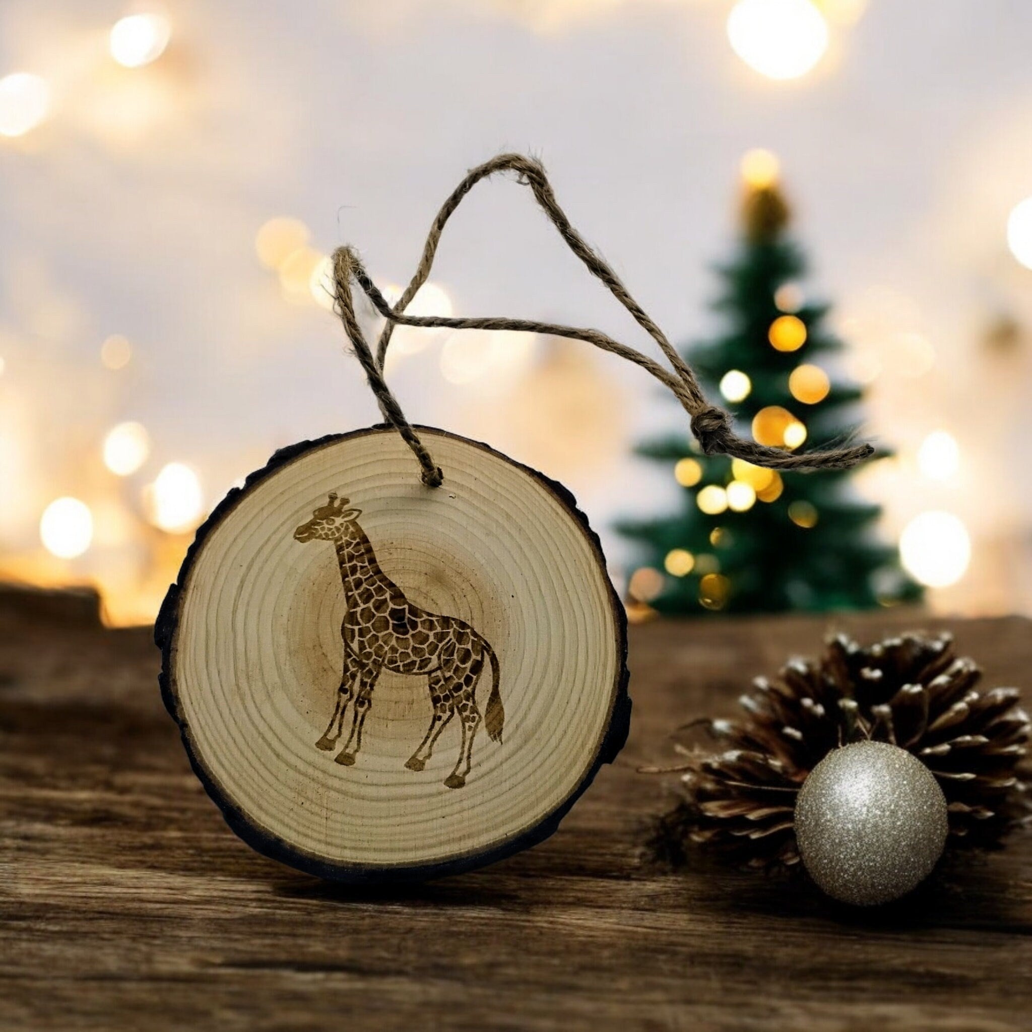 Giraffe handmade engraved on natural pine wood slice with the bark great decoration for the Christmas tree comes ready to hung gift box