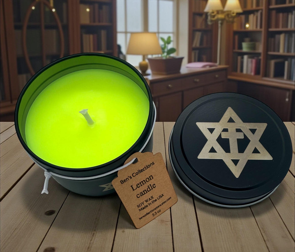 Handmade soy wax candle Star of David with the cross engraved tin metal jar available in 3.5 oz or 7 oz. Personalization Available