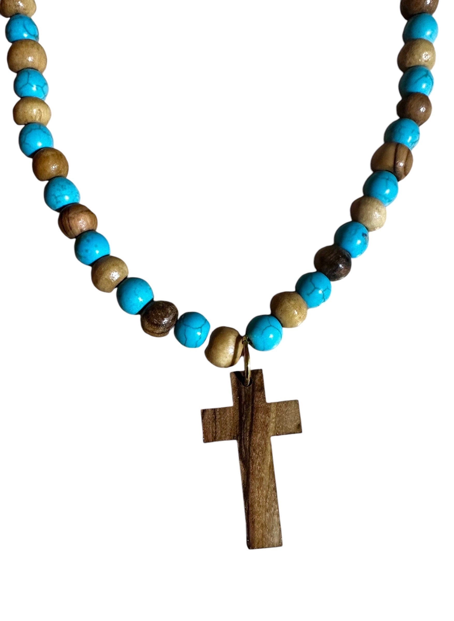 Bethlehem olive wood beads and turquoise beads necklace handmade with olive wood cross pendant comes gift boxed