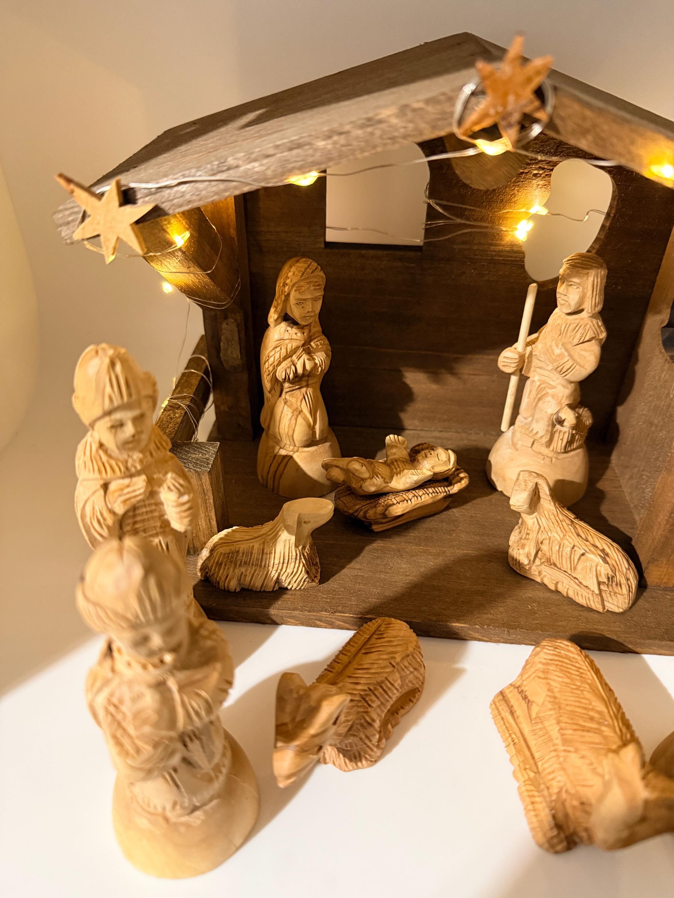 Bethlehem olive wood detail carving style nativity set with wood Stable Manger LED lights