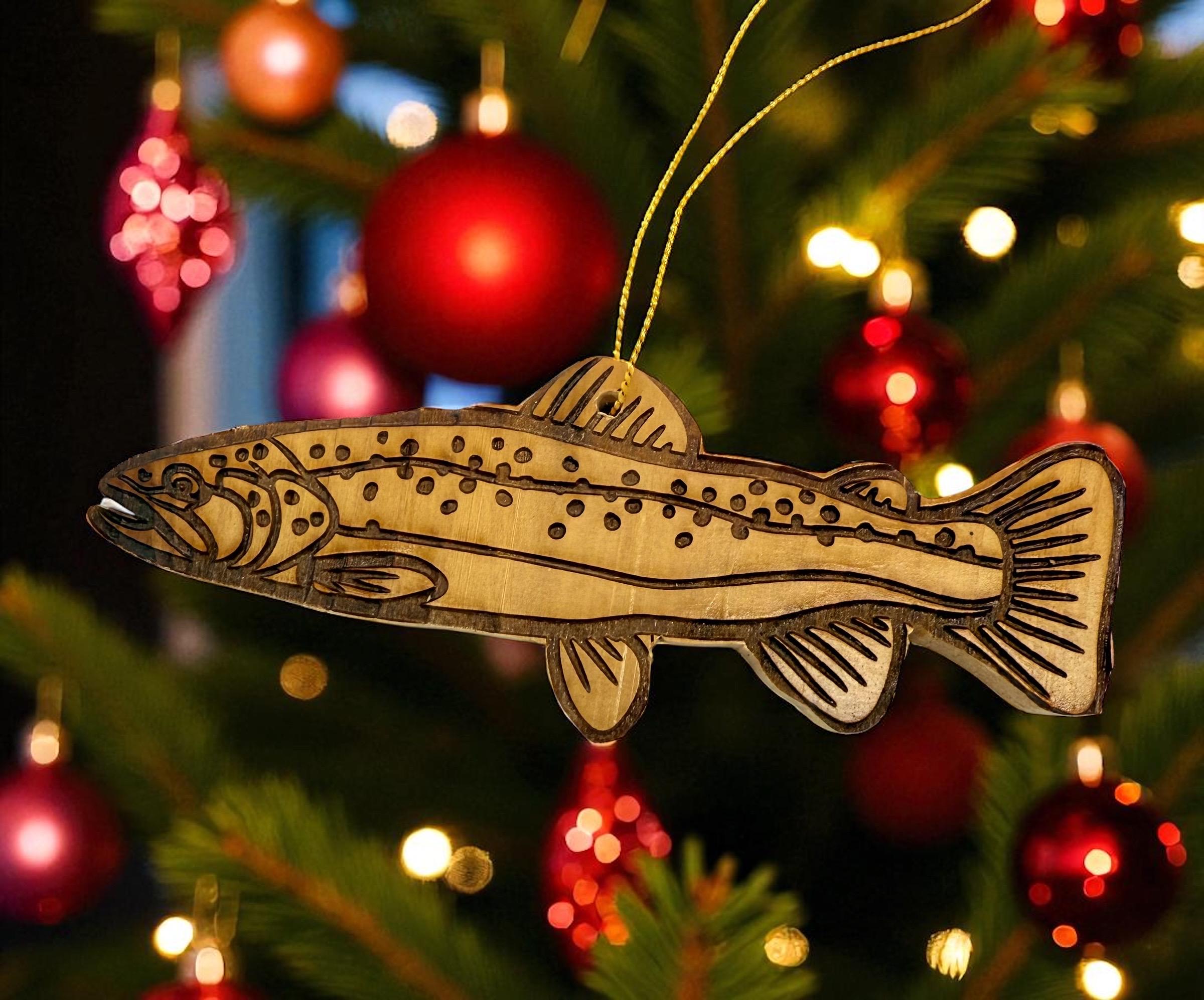 Wooden rainbow trout fish Christmas ornament hand crafted from cedar wood fishing gift personalized with your name engraved on the back