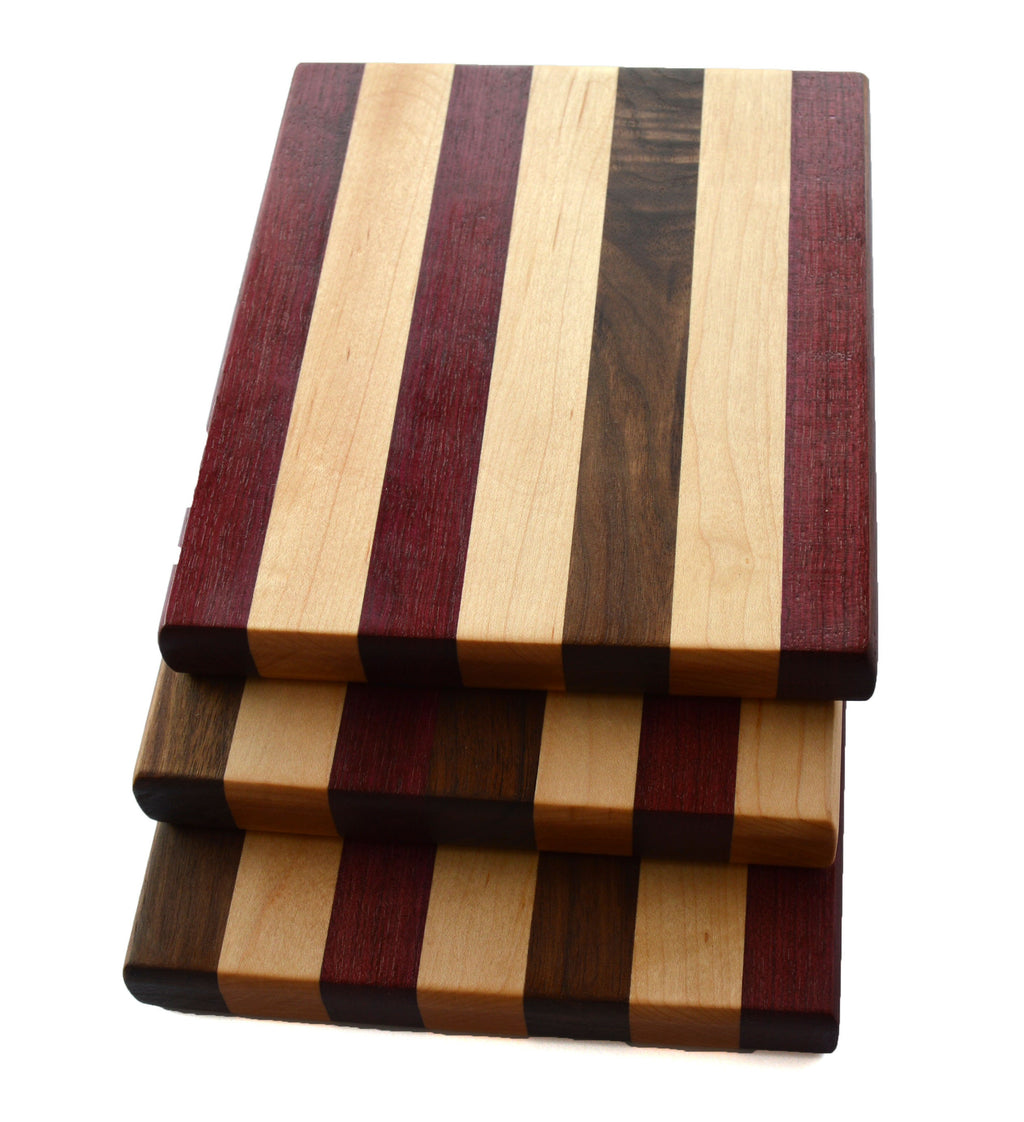 Handmade Hard wood small cutting board 8" x 7" Walnut Hard Maple Cherry and Purple-heart wood