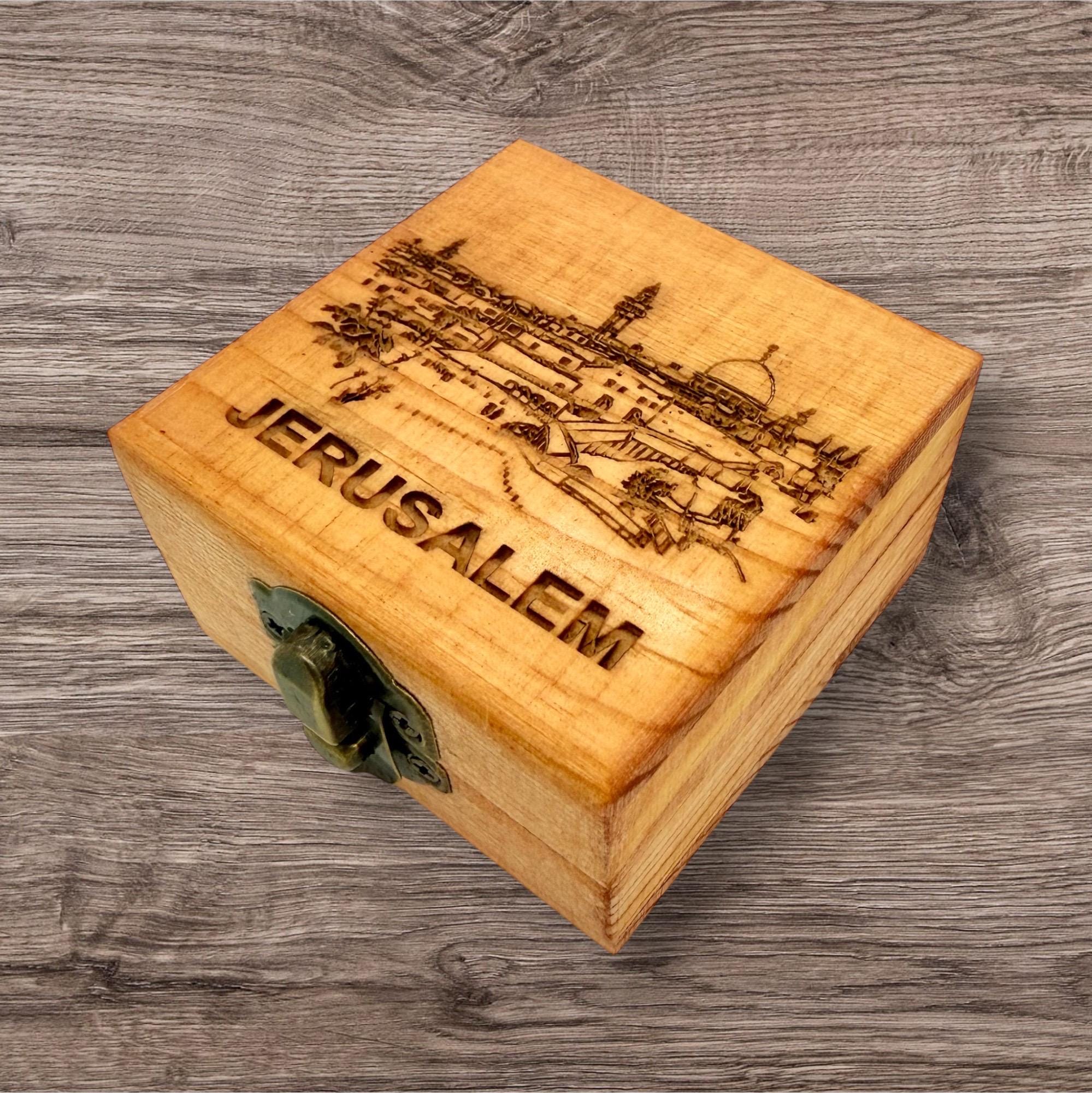 Bethlehem olive wood rosary beads with the Madonna and child and holy soil centrepiece and wooden handmade box engraved Jerusalem