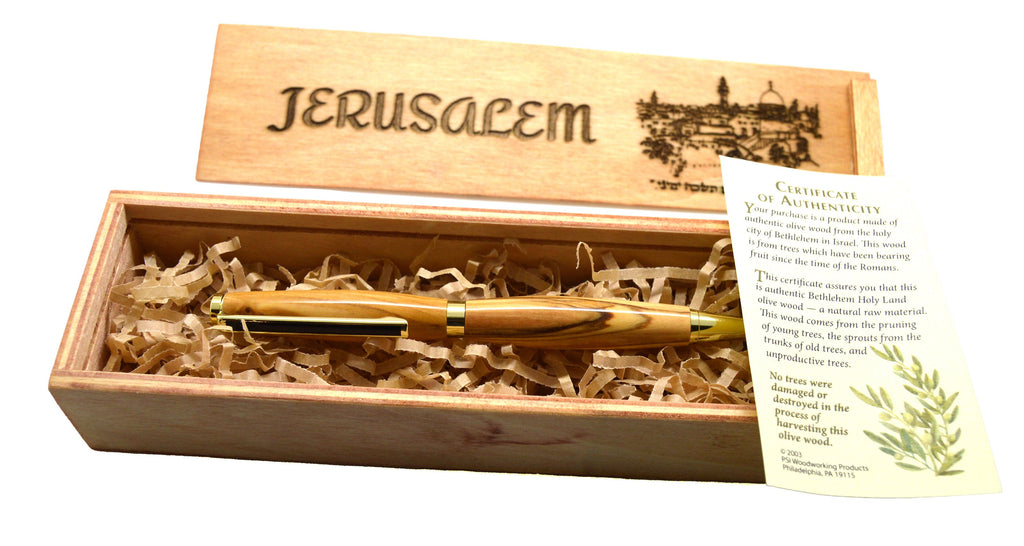 Olive wood from Israel hand turned pen with wooden gift box engraved with the city of Jerusalem verse If I forget you Jerusalem in Hebrew