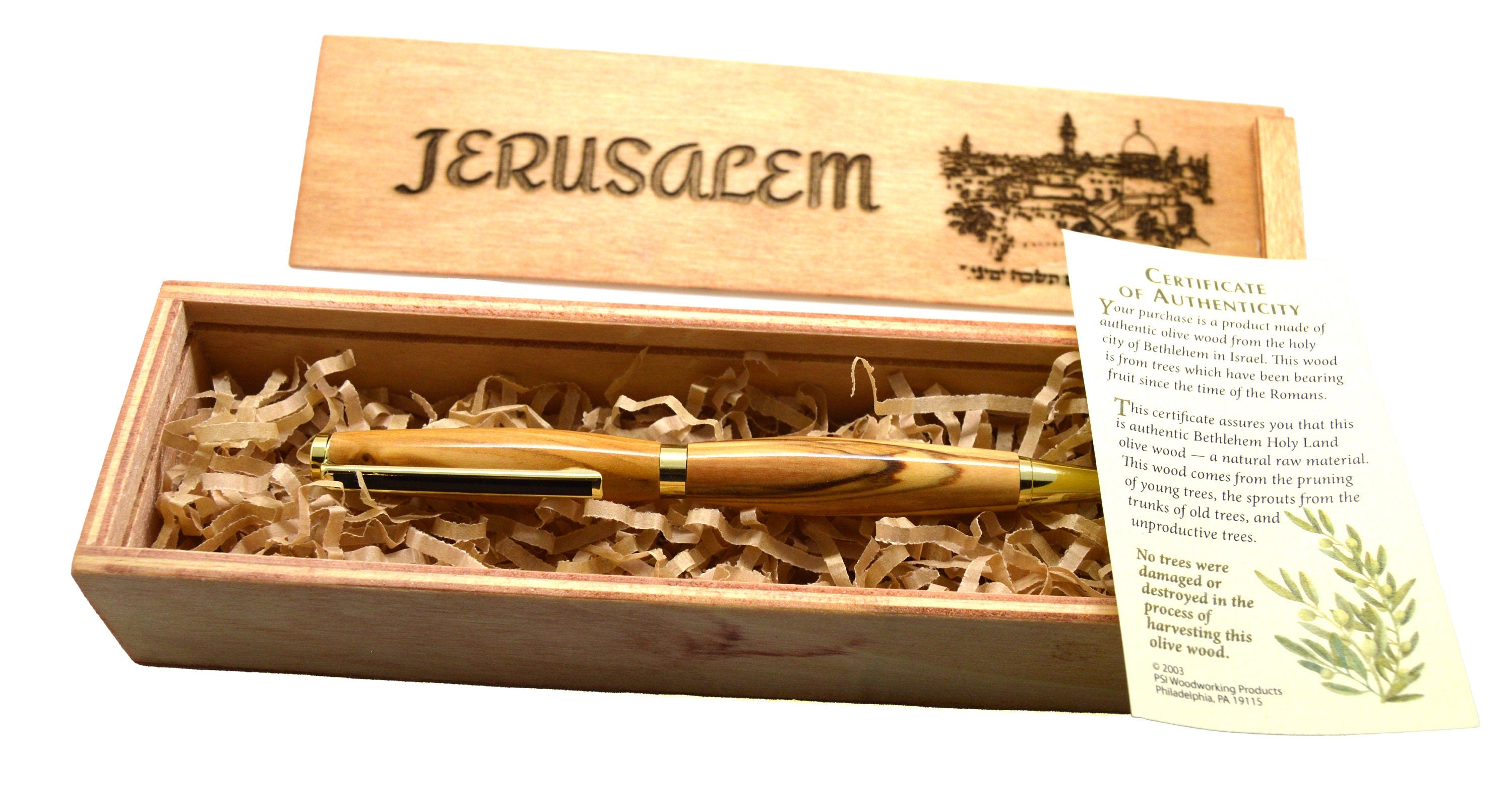 Olive wood from Israel hand turned pen with wooden gift box engraved with the city of Jerusalem verse If I forget you Jerusalem in Hebrew