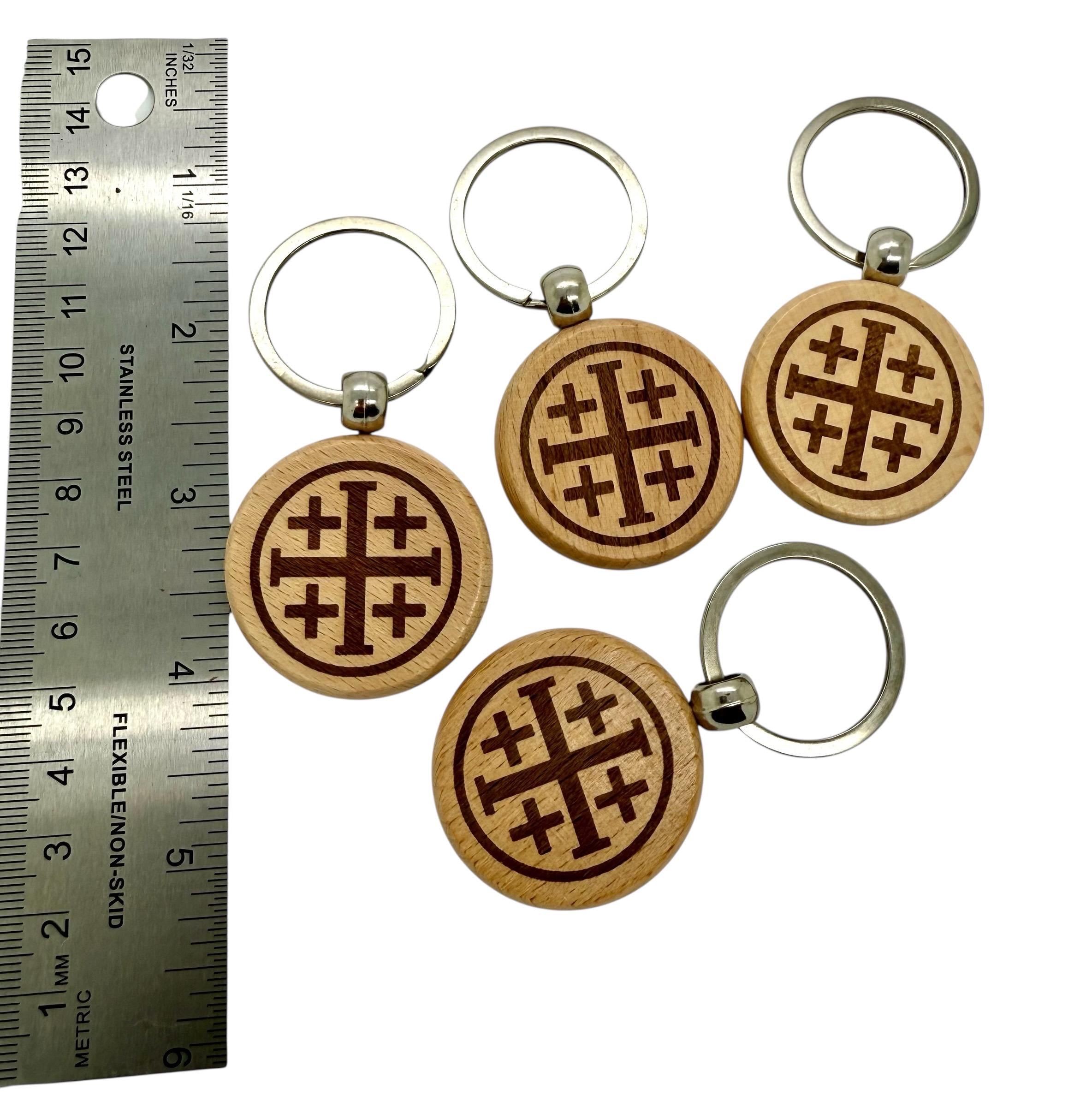 Jerusalem cross set of 4 Keychains Key Holder wooden engraved on both sides